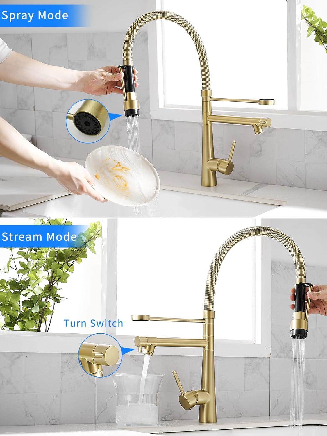 Brushed Gold Brass Kitchen Faucet with Pull-Out Spray