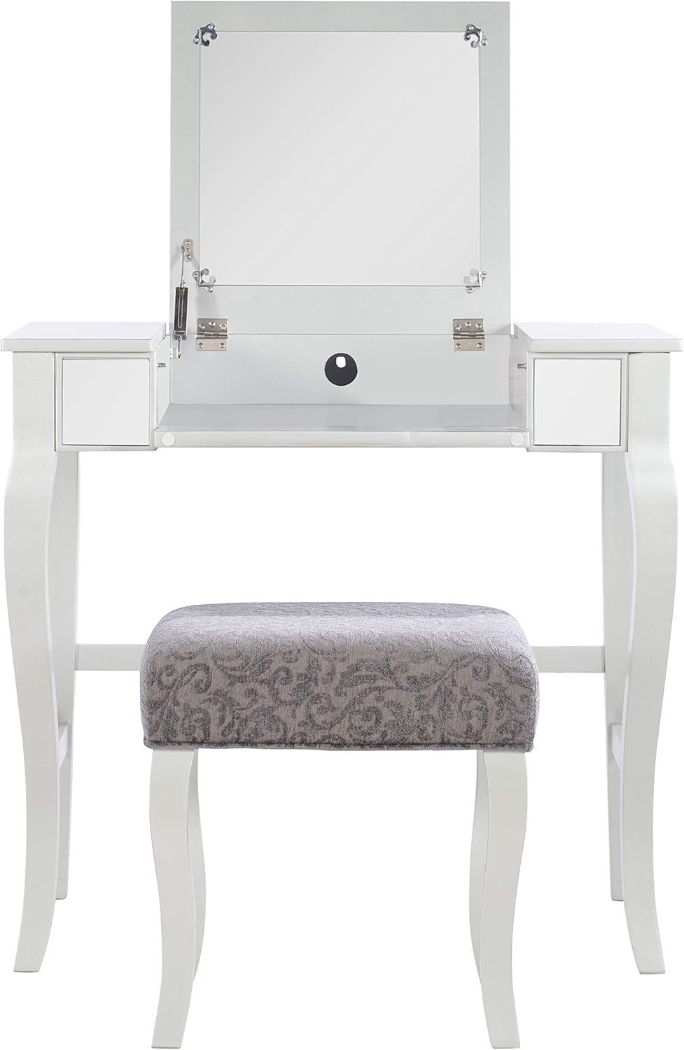 Harper Glam Flip-up Mirror Wood Vanity and Gray Upholstered Stool Mirror and Silver - Linon