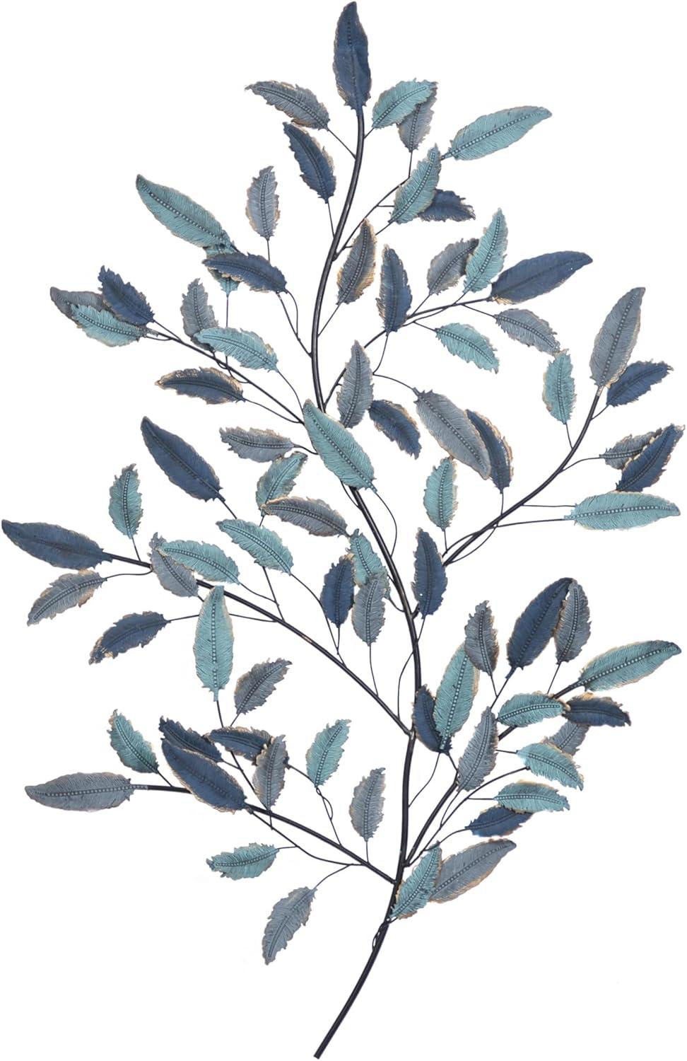 DecMode Blue Metal Leaf Wall Decor with Black Stems