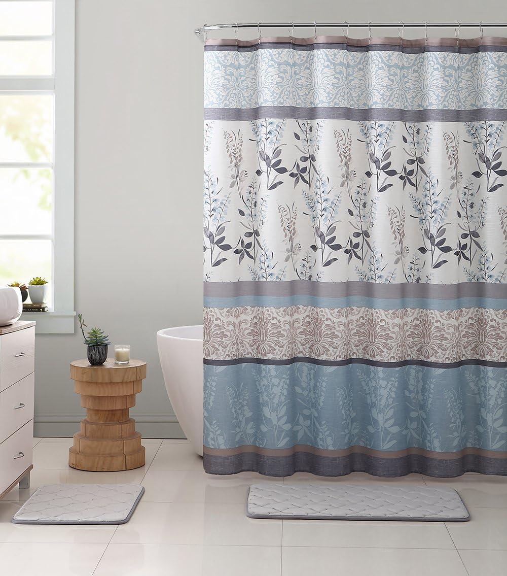 Light Blue and Beige Floral Damask Fabric Shower Curtain