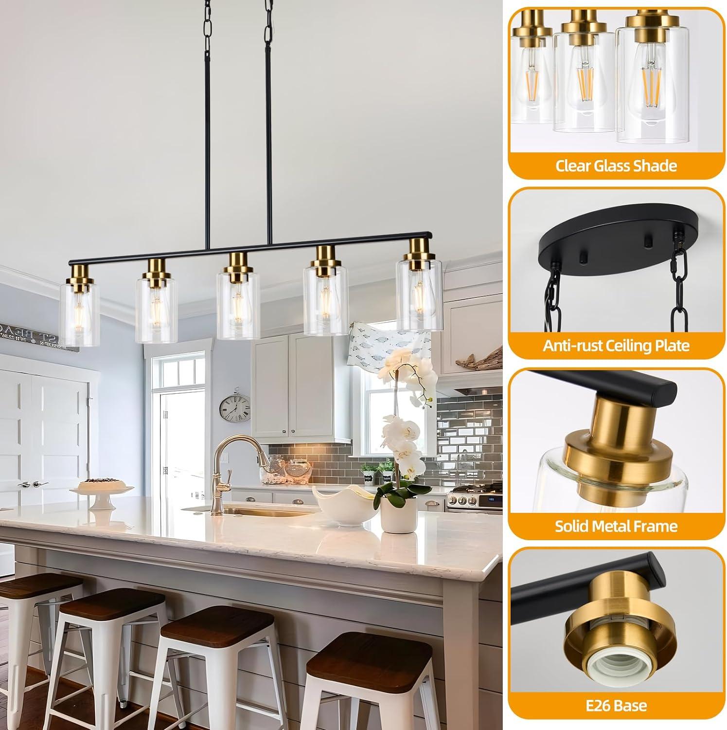 Modern Black and Brass 5-Light Island Chandelier with Glass Shades