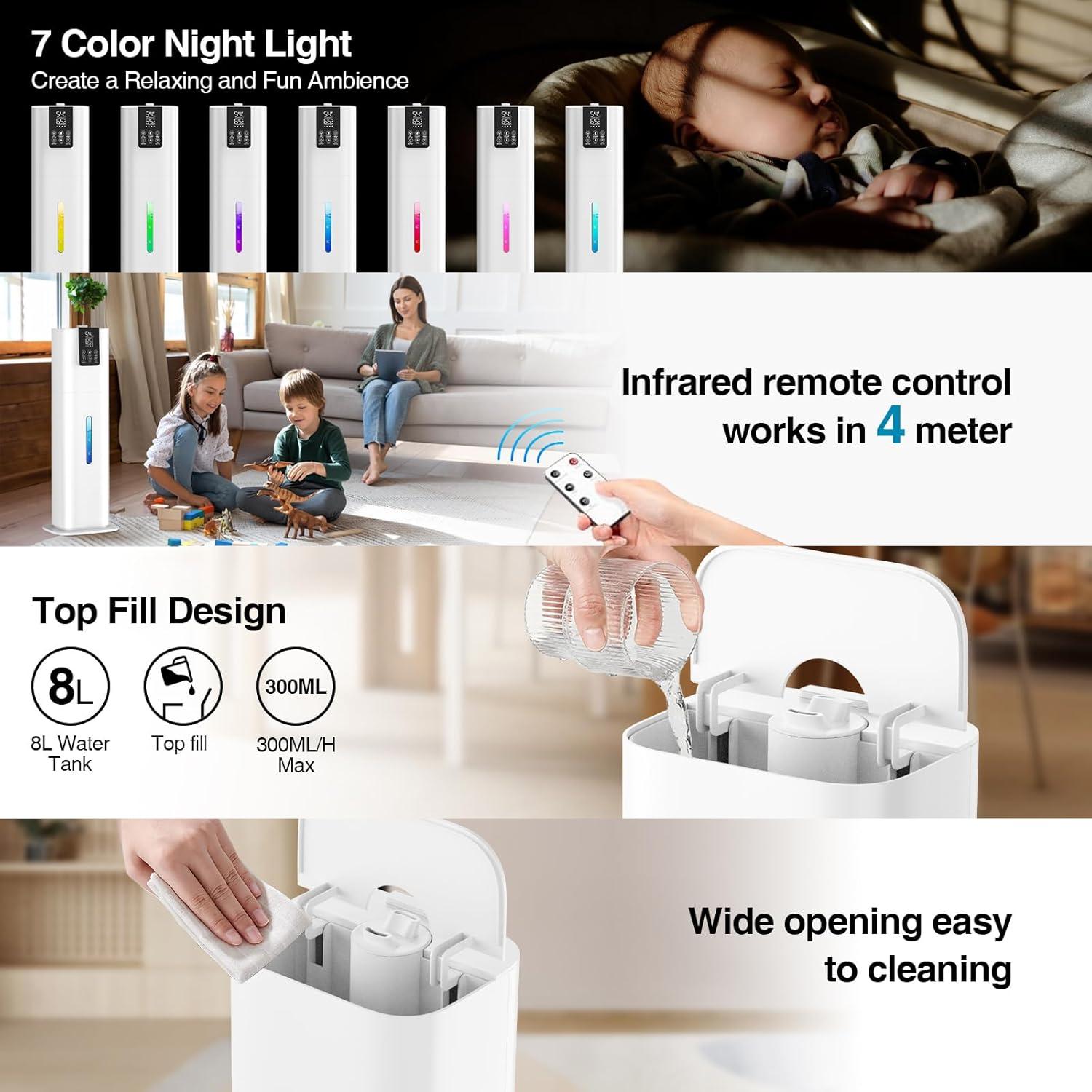 Smart Humidifiers Large Room Bedroom Home,2.11Gal(8L) Quiet Top Fill Cool Mist Humidifier,Smart App & Remote Control, 3 Speed Humidifier with 360°Nozzle,Humidity Setting for Baby Office Plant(White)