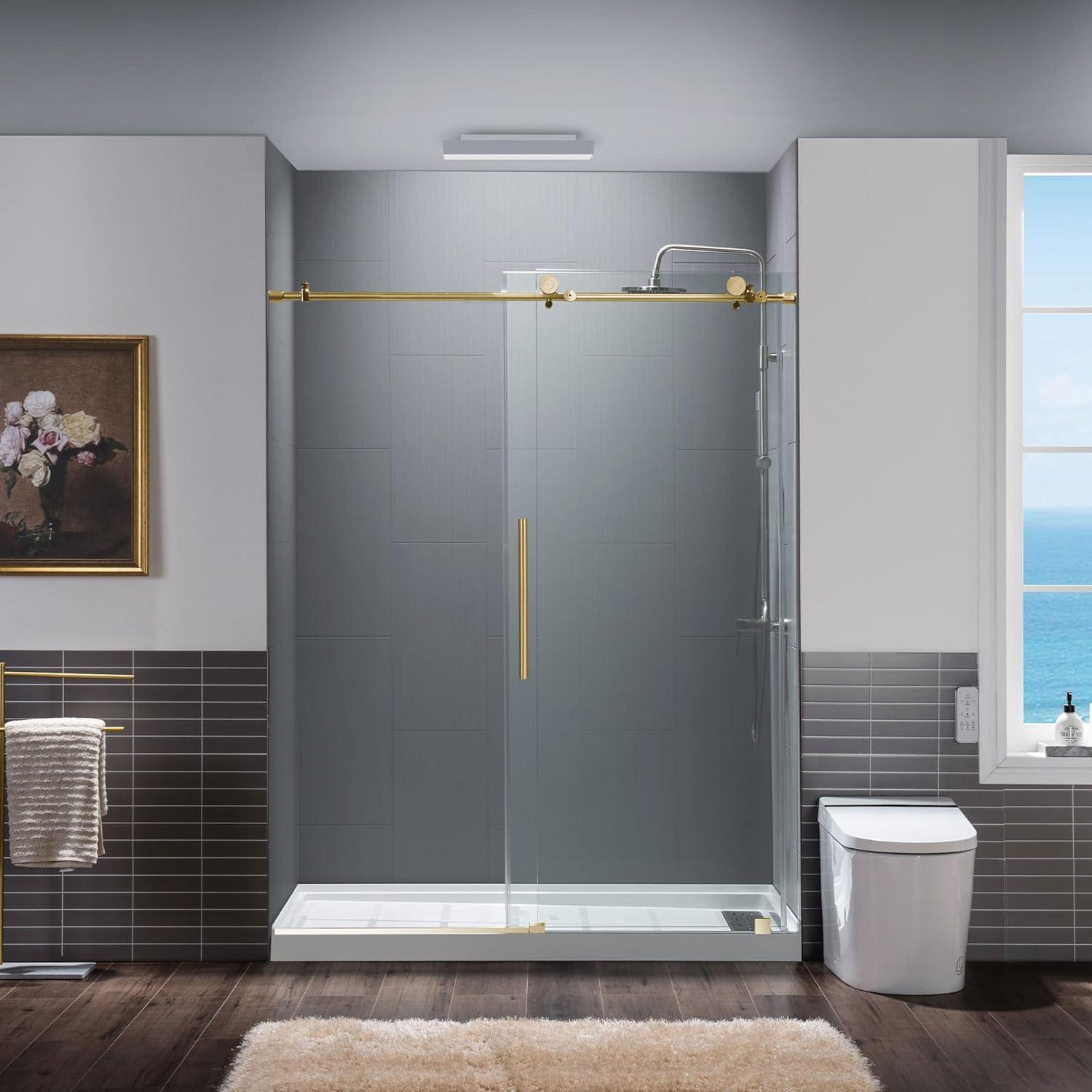 WoodBridge 56"-60" W x 76" H Single Sliding Frameless Shower Door | 3/8" (10mm) Thickened Upgrade Tempered Glass | Stainless Steel Hardware | Safe, Explosion-Resistant, Clear & Stylish, Sturdy & Durable MBSDC6076-BG