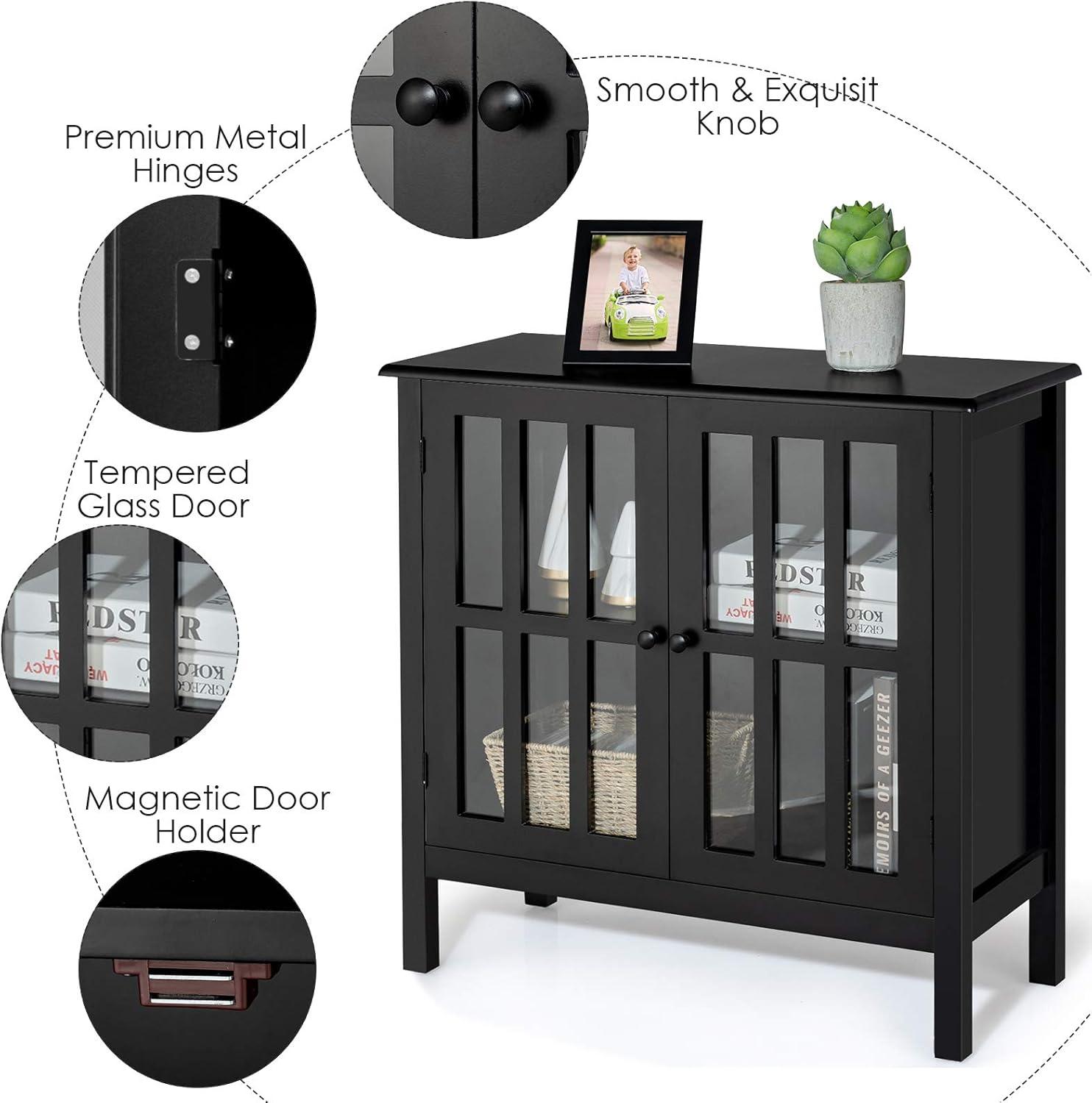 Tangkula Sideboard Buffet Storage Cabinet, with 2 Glass Doors, Liquor Curio Cabinet for Home Kitchen Dining Room, Cupboard Console Table (Black)