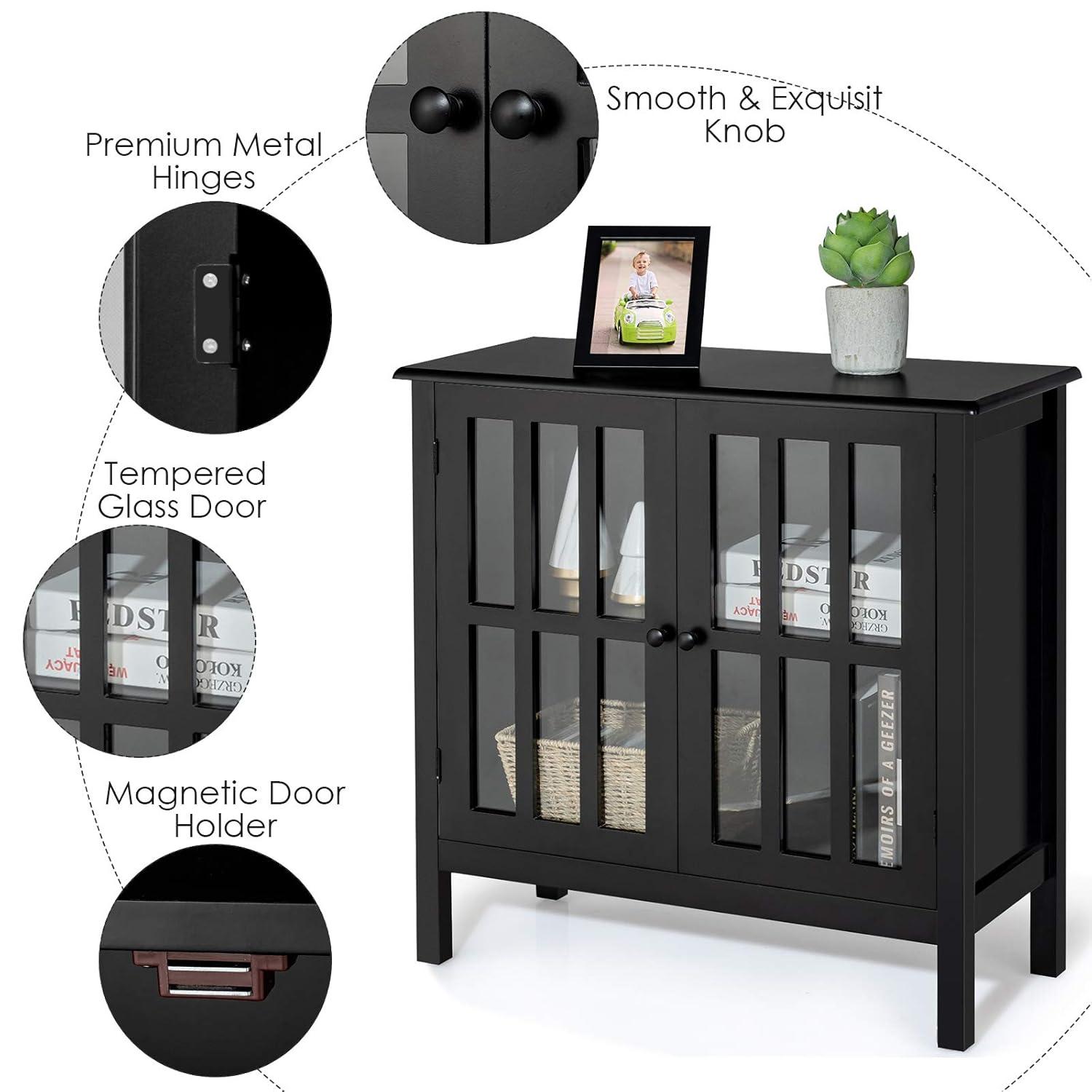 Tangkula Sideboard Buffet Storage Cabinet, with 2 Glass Doors, Liquor Curio Cabinet for Home Kitchen Dining Room, Cupboard Console Table (Black)