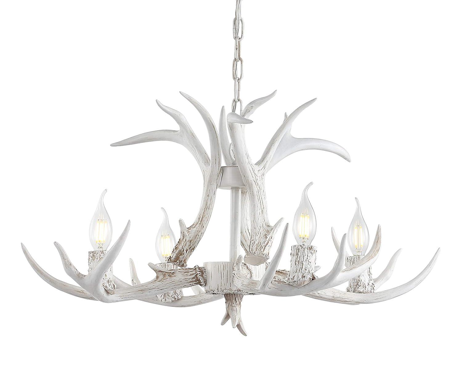 JONATHAN Y JYL6301B Eldora 26" Adjustable Resin Antler 4-Light LED Chandelier, Farmhouse, Glam, Transitional, Rustic, Cottage for living room, dinning room, bedroom, office Bulb Included, White