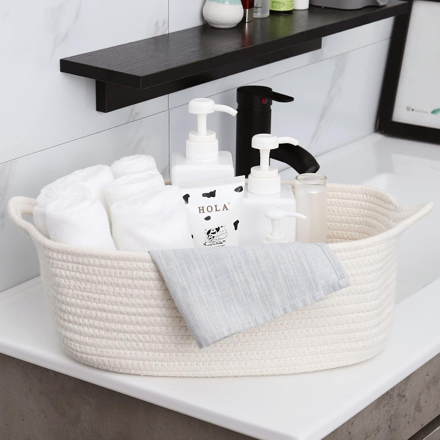 ABenkle Rope Storage Basket Cotton Woven Storage Bins Baskets Cube Soft Woven Organizer Baskets with Handles Decorative Shelves Closet Organizing Baskets for Nursery Laundry Bedroom Bathroom