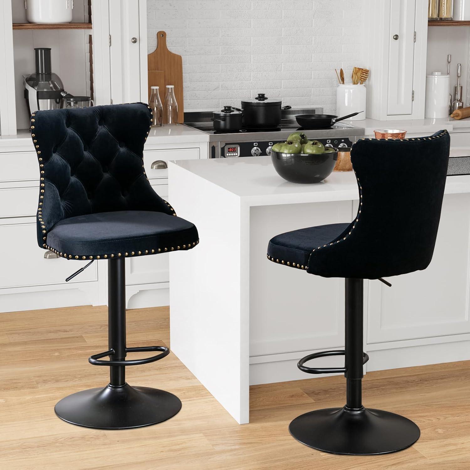 Swivel Velvet Bar Stools Set of 2,Counter Height Bar Chairs with Button Decor, Nailhead Trim and High Back,Modern Upholstered Bar Stools for Kitchen, Cafe, Pub,Black