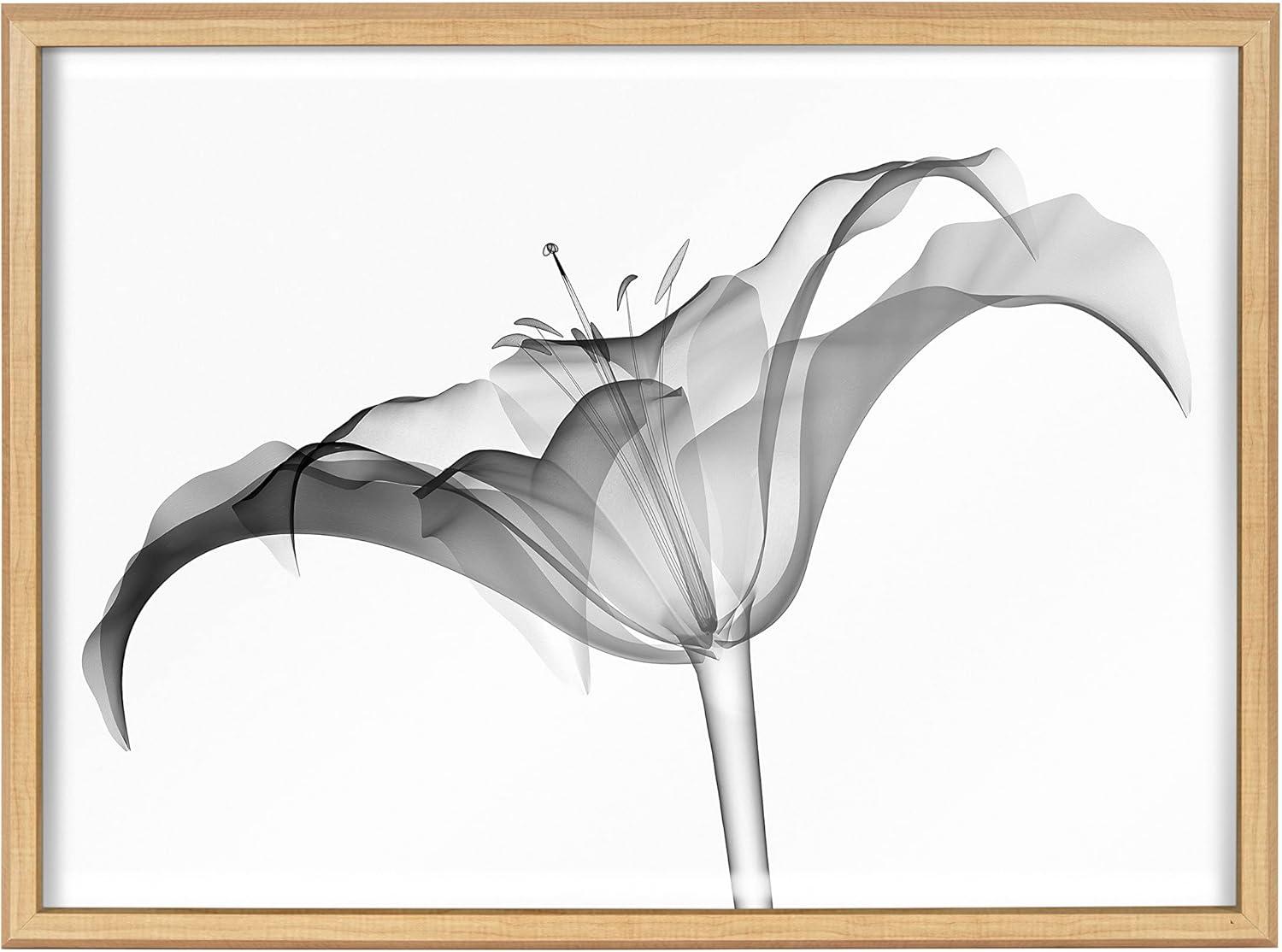 Natural Wood Framed Black and White Floral Glass Print