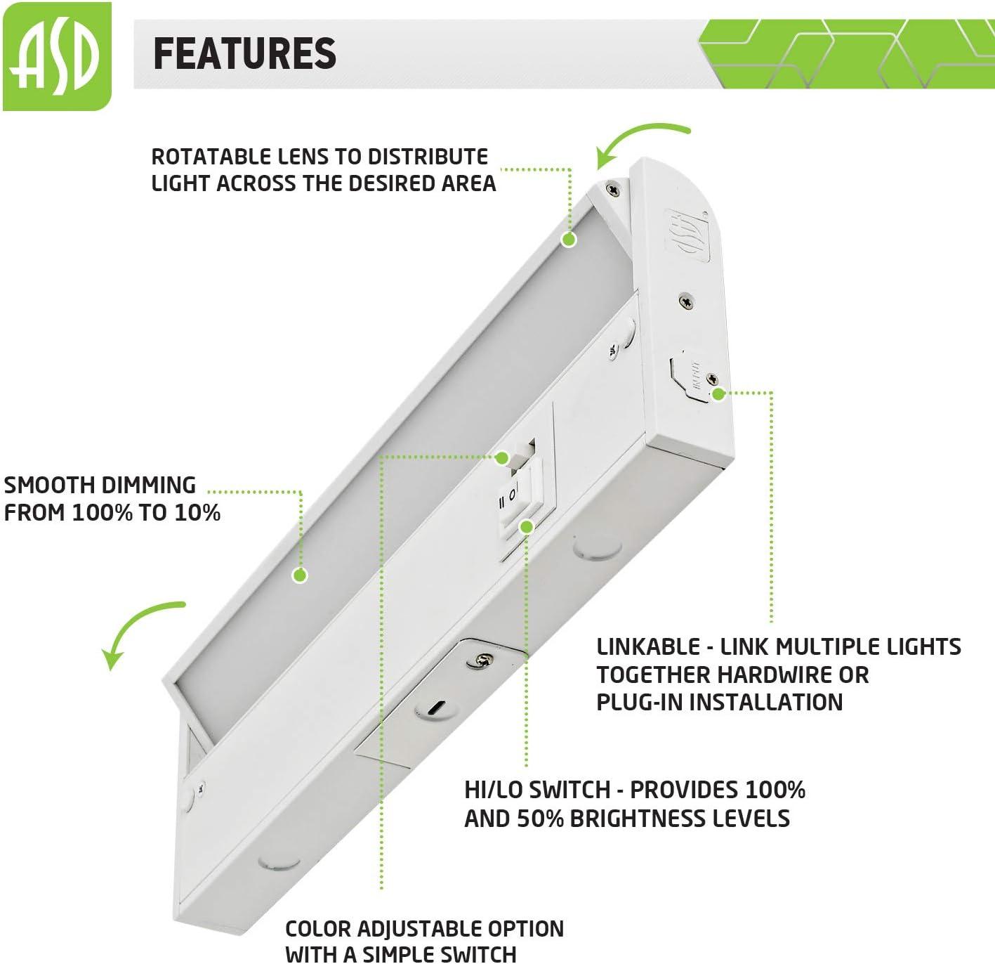 ASD Swivel LED Under Cabinet Lighting, 12 Inch 5W, Hardwired or Plug-in, 2700K/3000K/4000K Selectable, Rotatable Lens, Dimmable Linkable Under Counter Light for Kitchen, ETL & Energy Star