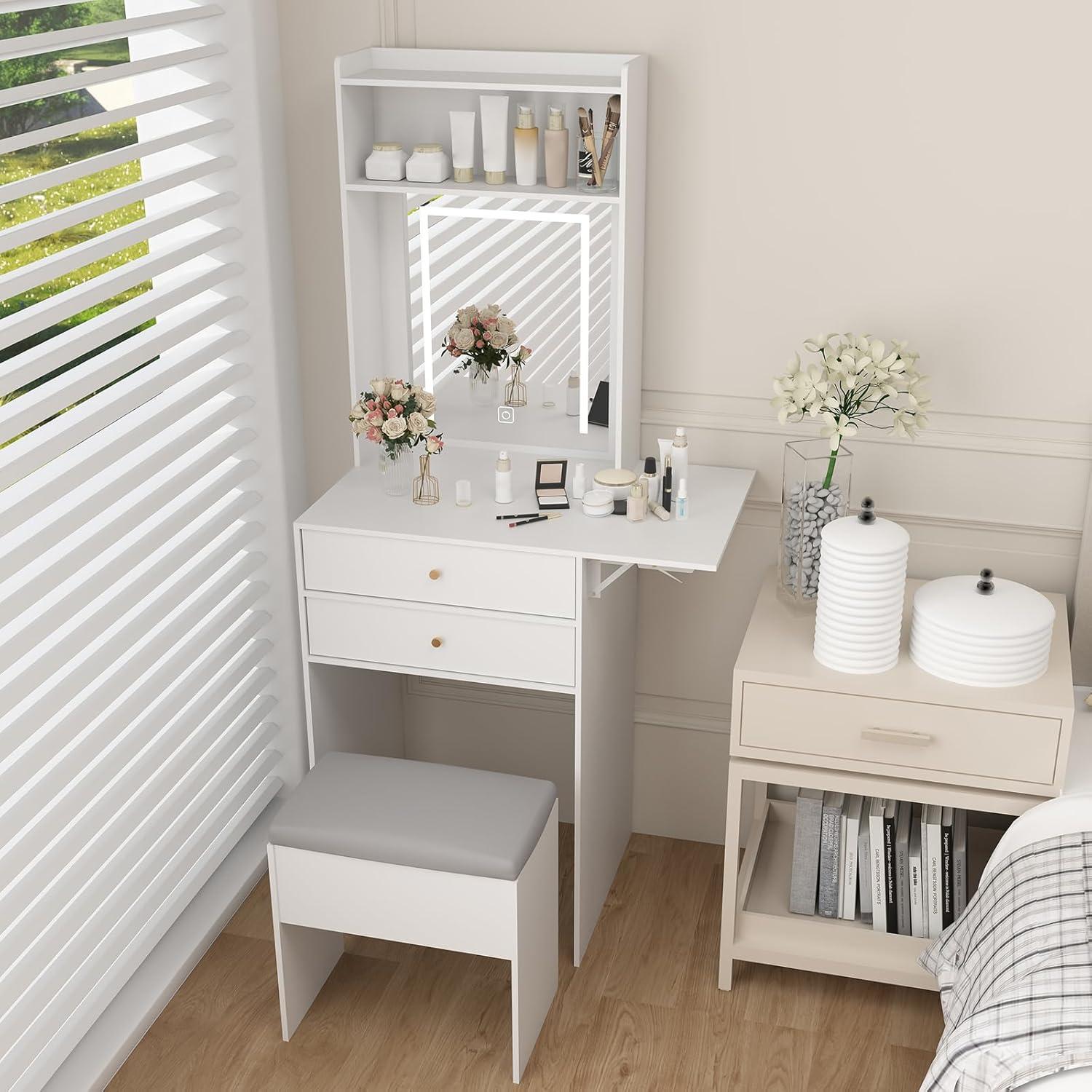 White Small Vanity Desk Set with Mirror and Lights Makeup Table with Drawer, Storage Chair, and Fold-up Panel for Small Space Bedroom