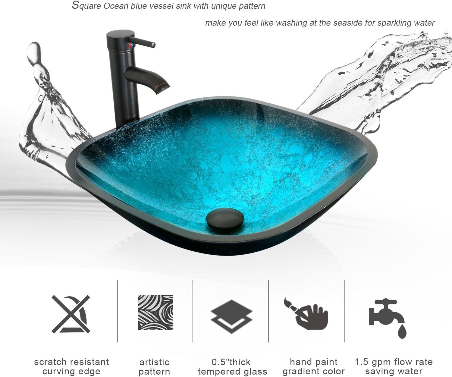 Turquoise Glass Above-Counter Vessel Sink with Faucet and Drain