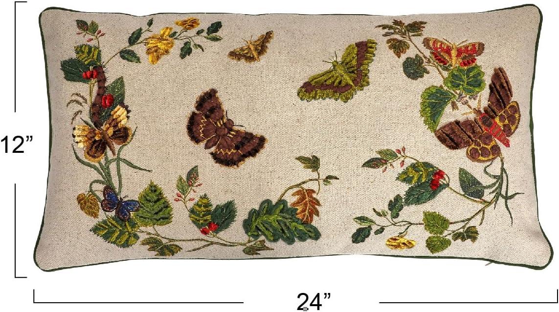 Creative Co-Op Cotton Lumbar Pillow with Butterflies, Flowers, Embroidery and Piping, Multicolor