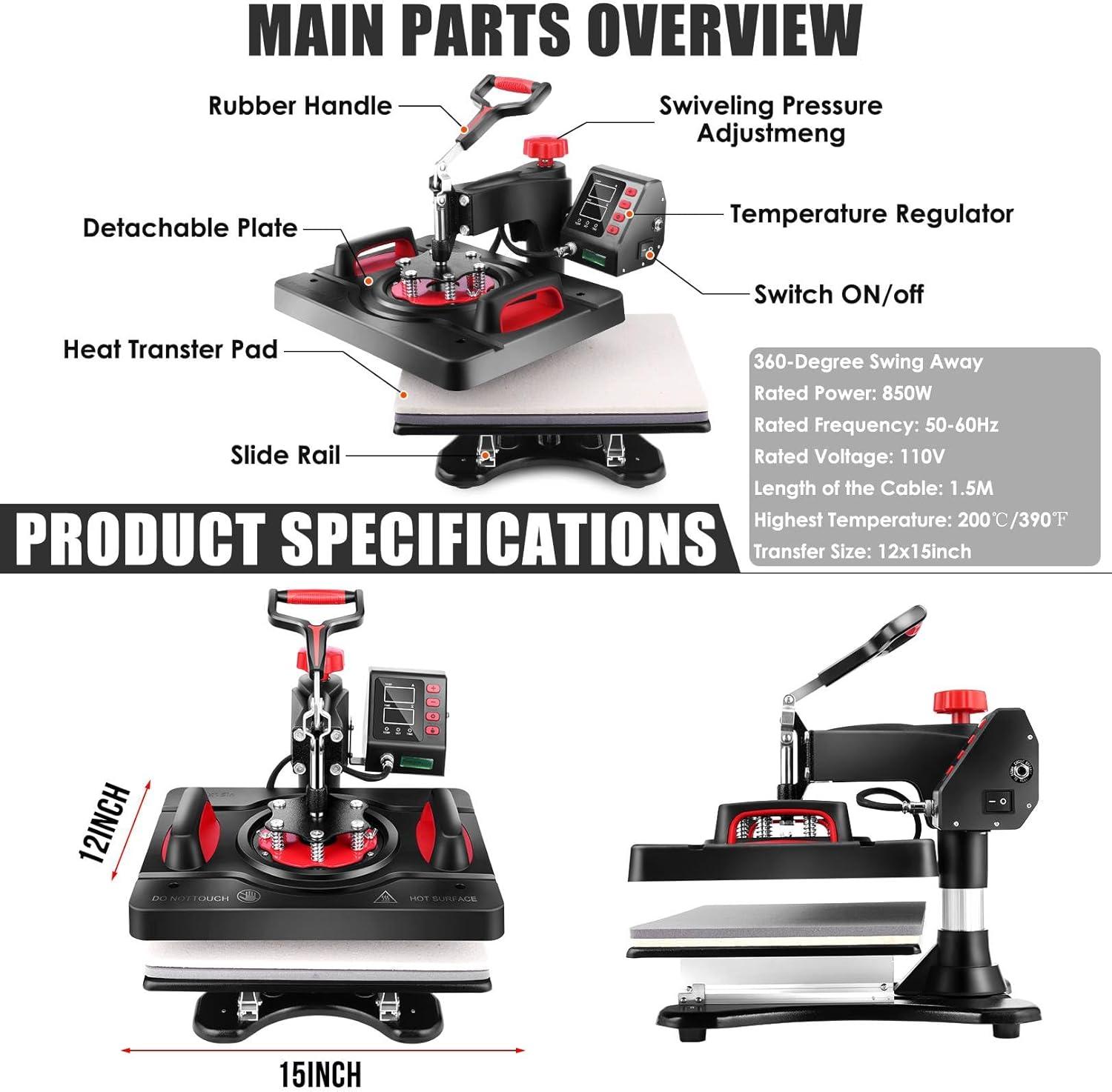 WHUBEFY Heat Press, 15x12 Inch 8 in 1 Shirt Press Multifunction Combo 360° Swing Away Digital Printing Heat Transfer Sublimation Machine Vinyl Heat Press Machine for T Shirts, Cap, Mug, Plate, DIY