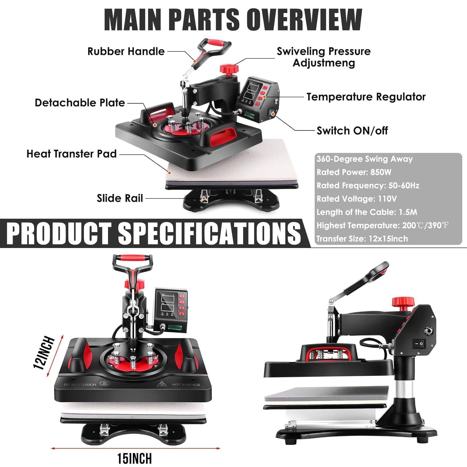 WHUBEFY Heat Press, 15x12 Inch 8 in 1 Shirt Press Multifunction Combo 360° Swing Away Digital Printing Heat Transfer Sublimation Machine Vinyl Heat Press Machine for T Shirts, Cap, Mug, Plate, DIY