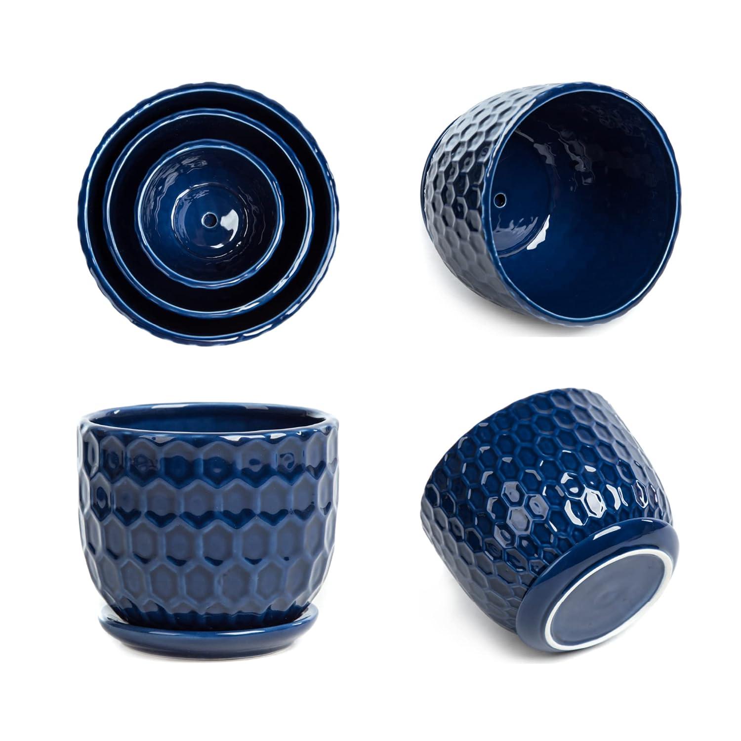 Ceramic Flower Pots with Drainage Hole and Saucer, North European Style Round Indoor Succulent Planters with Honeycomb Inspired Texture Design, Small to Medium-Sized, Set of 3, Navy Blue