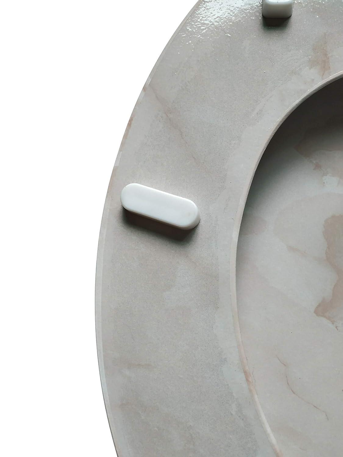 Beige Marbleized Wood Round Toilet Seat with Non-Slip Hardware