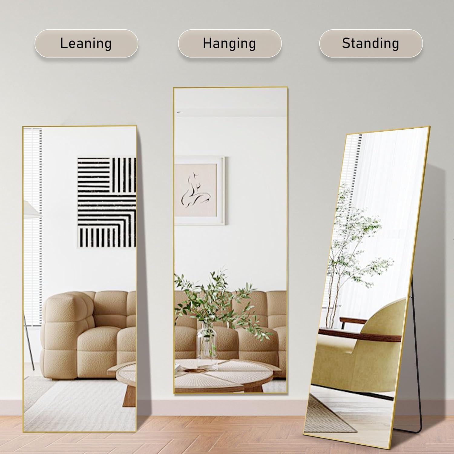 Full Length Mirror 64"x21" for Bedroom, Full Body Mirror with Stand, Hanging or Leaning for Wall, Aluminum Alloy Thin Frame Floor Standing for Living Room, Tall, Black