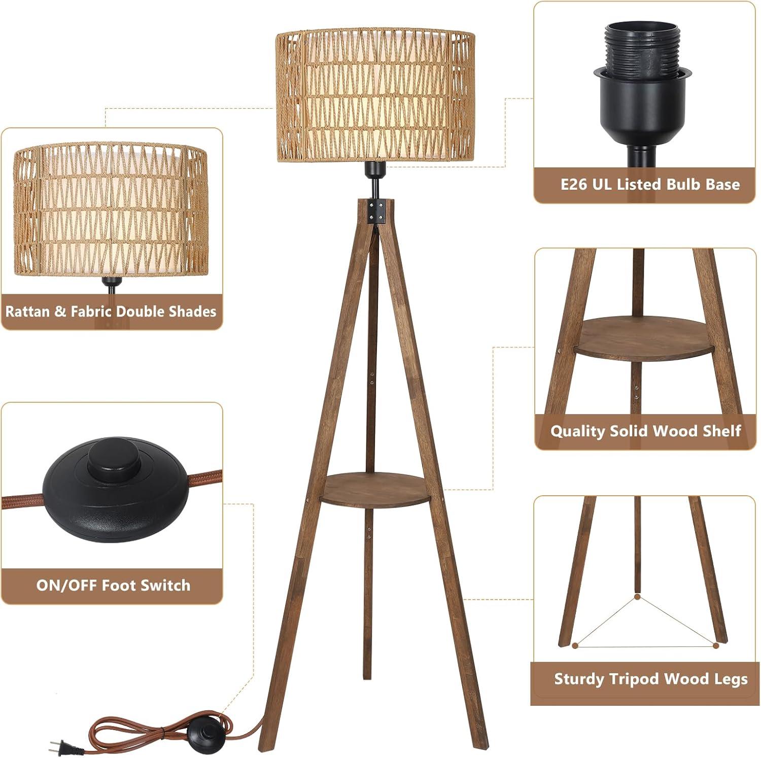 Boho Tripod Floor Lamp with Shelves, Mid Century Wood Standing Lamp with Rattan & Fabric Shades, ON/Off Foot Switch, Modern Farmhouse Tall Floor Lamps for Living Room Bedroom Office