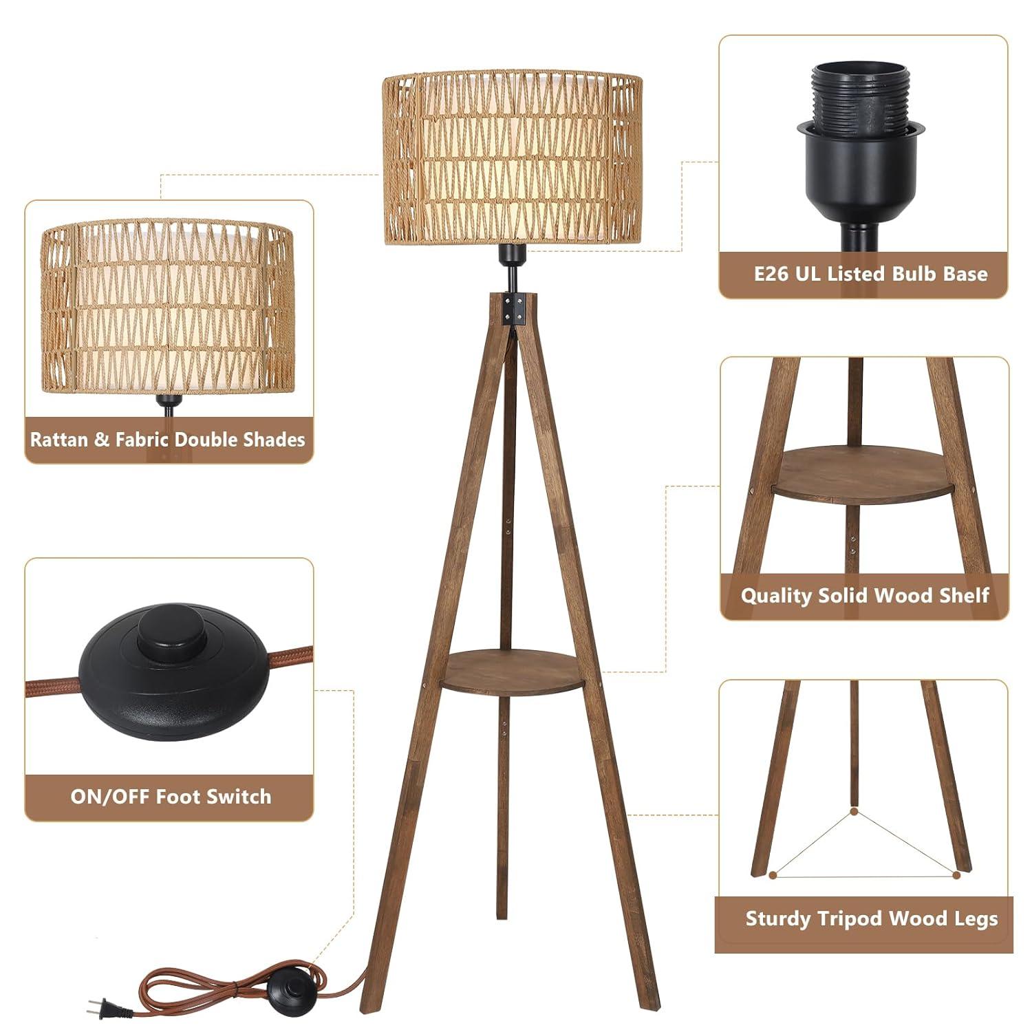 Boho Tripod Floor Lamp with Shelves, Mid Century Wood Standing Lamp with Rattan & Fabric Shades, ON/Off Foot Switch, Modern Farmhouse Tall Floor Lamps for Living Room Bedroom Office