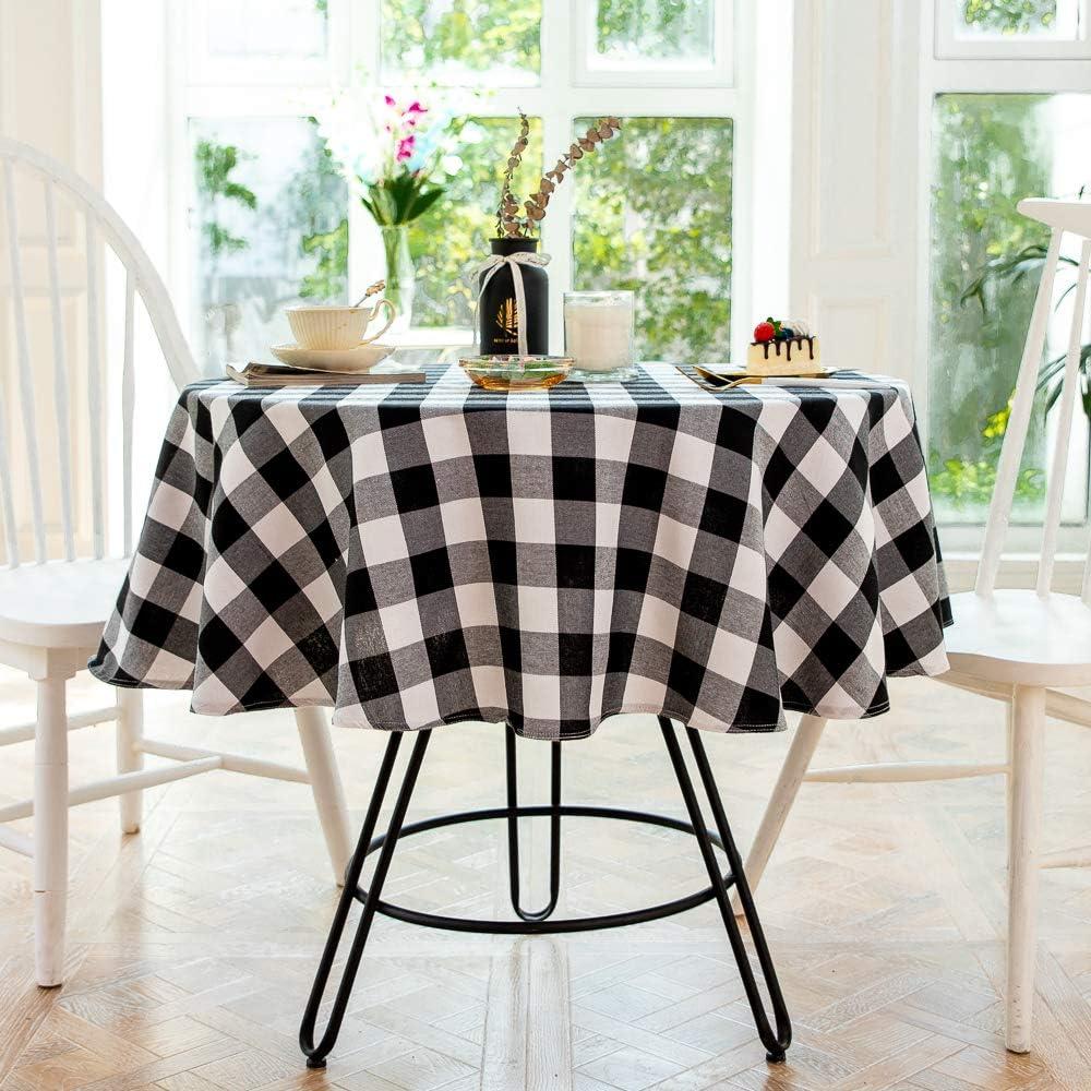 Buffalo Plaid Round Tablecloth Checkered Cotton Linen Table Cover for Kitchen Dining Room Home Decor ( Round - 48 Inch, White & Black )