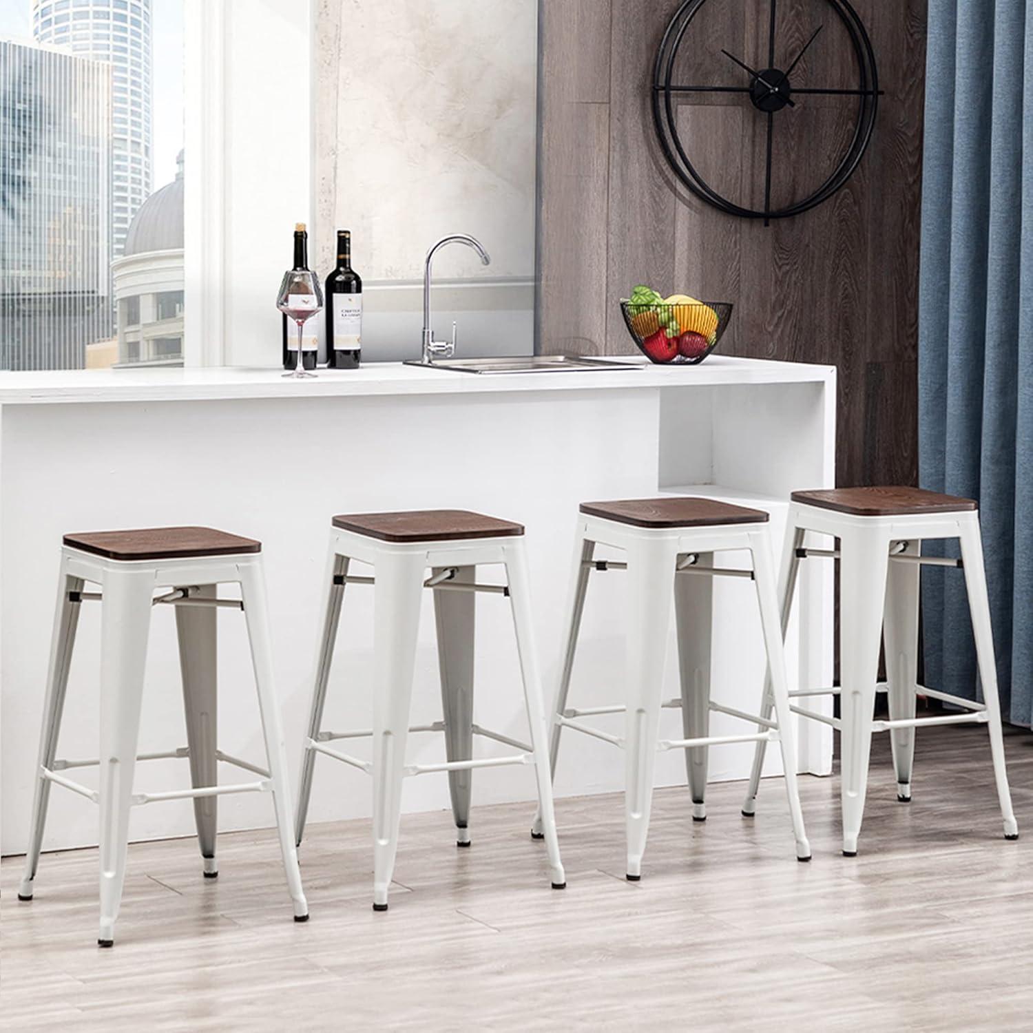 White Metal and Wood Backless Counter Stools, Set of 4