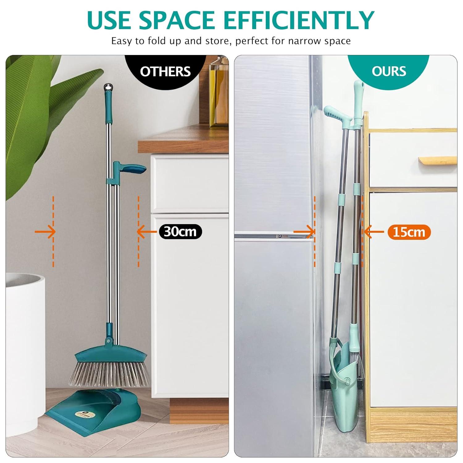 QUALITY FLOORING INC. Broom And Dustpan Set For Home, Broom With Dustpan Cleaning Teeth Combo Set, Indoor Sweep Broom, 55” Long Handle Broom For Office Home Kitchen Lobby Floor