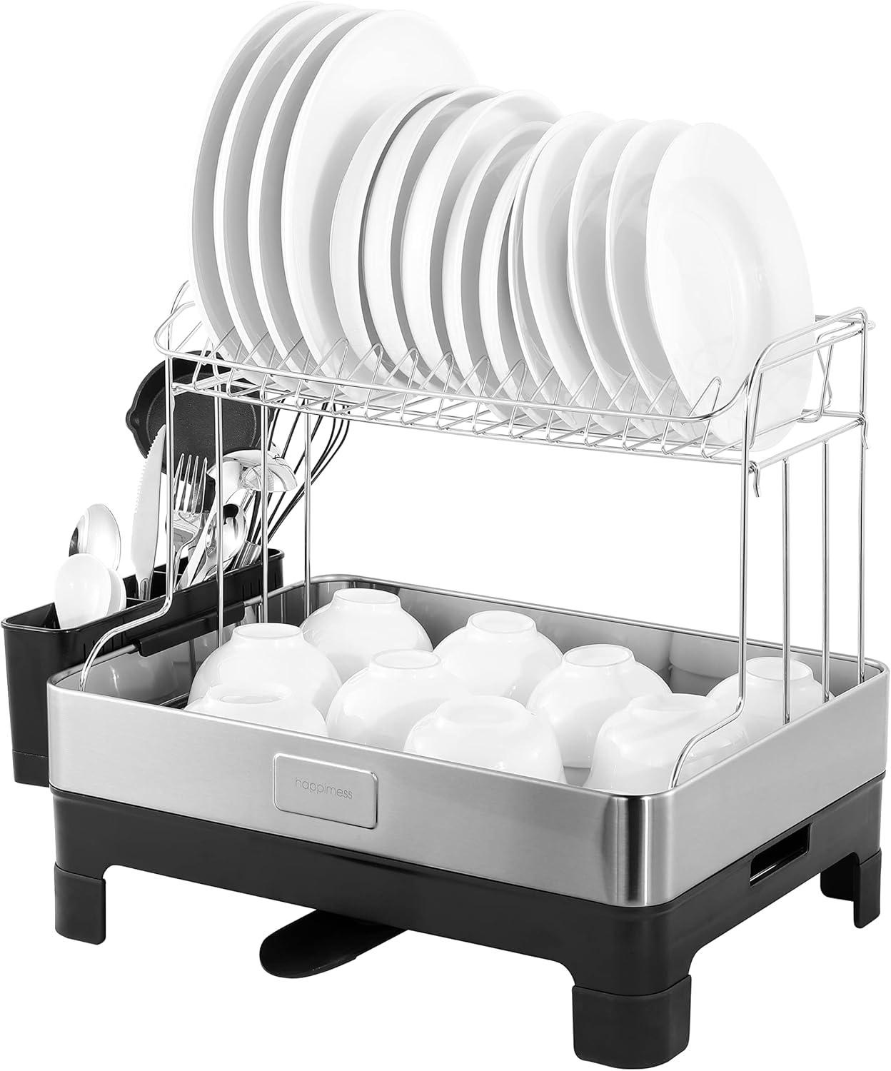 happimess Simple 20.75" Fingerprint-Proof Stainless Steel 2-Tier Dish Drying Rack with Swivel Spout Tray, Stainless Steel/Black