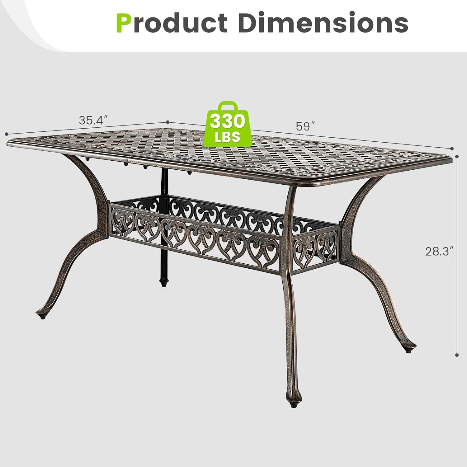 Giantex Patio Dining Table, Cast Aluminum Outdoor Table for 6 or 8 Persons, Heavy-Duty Structure, Adjustable Footpads, All-Weather Square Umbrella Table with Hole, 59" Lx35.4 Wx28.3 H