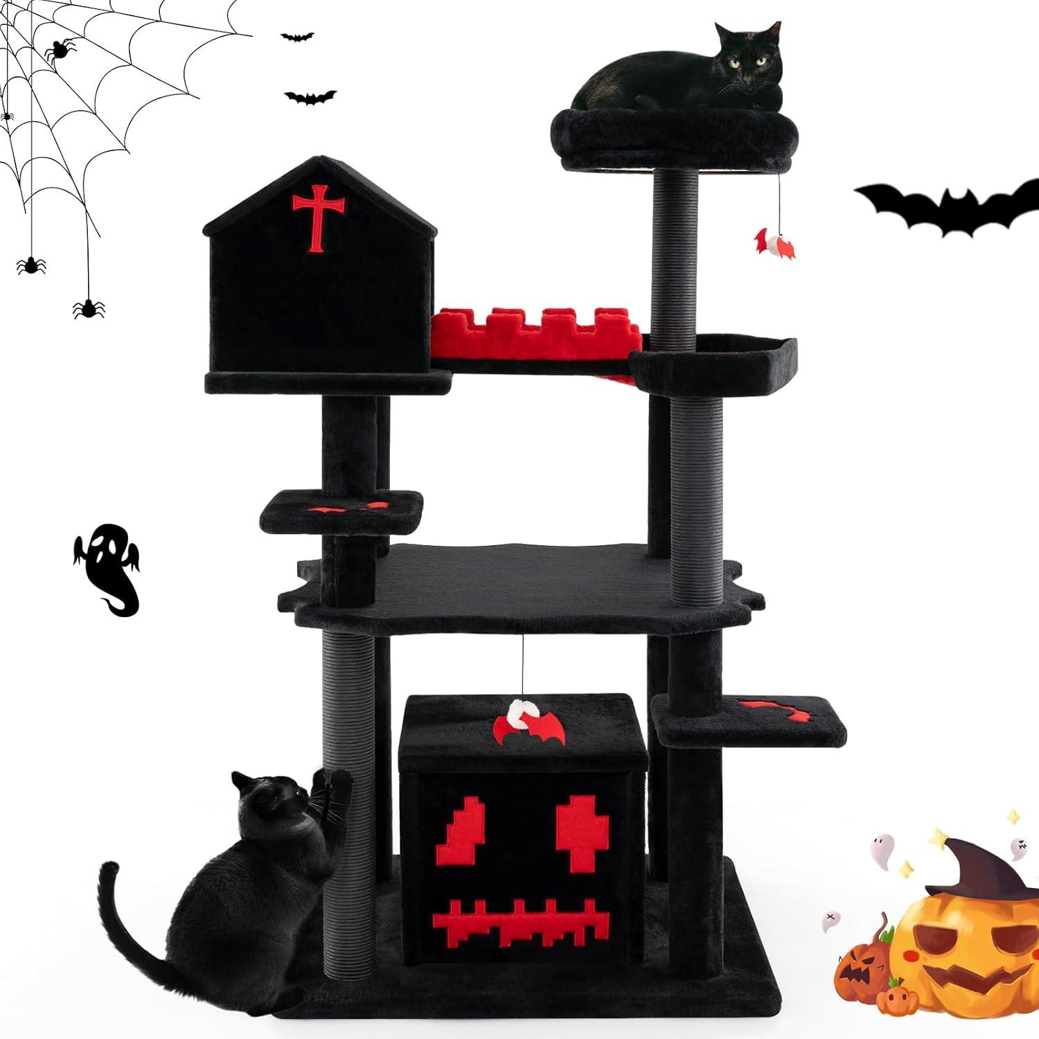 Tangkula Gothic Cat Tree 49" Tall Cat Tower w/ Coffin Bed & 2 Condos & Cozy Perch