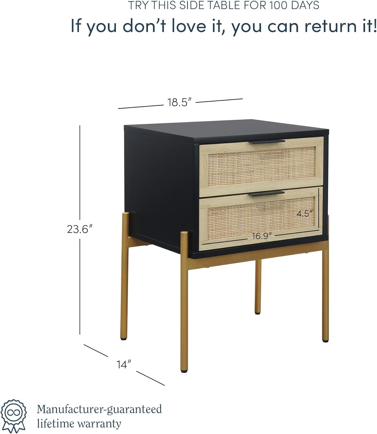 Nathan James Andrew 2 Drawers Side Table Matte Black Rattan: Brass Gold Hardware, Durable Metal Legs