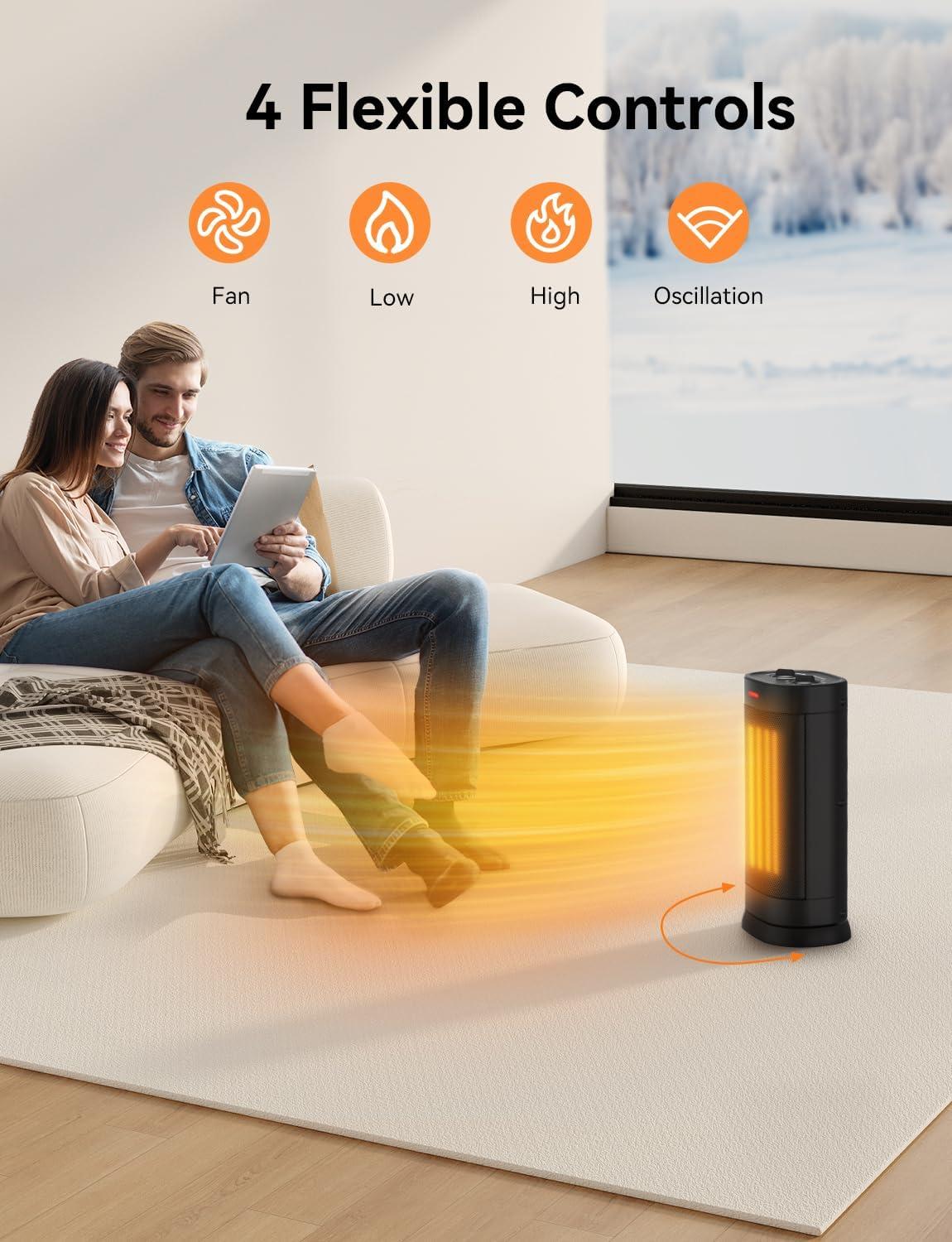 1500W Space Heaters for Indoor Use, Portable PTC Ceramic Space Heater, Small Space Heater with Thermostat, Three Modes, Overheat and Tip-Over Protection for Office Home
