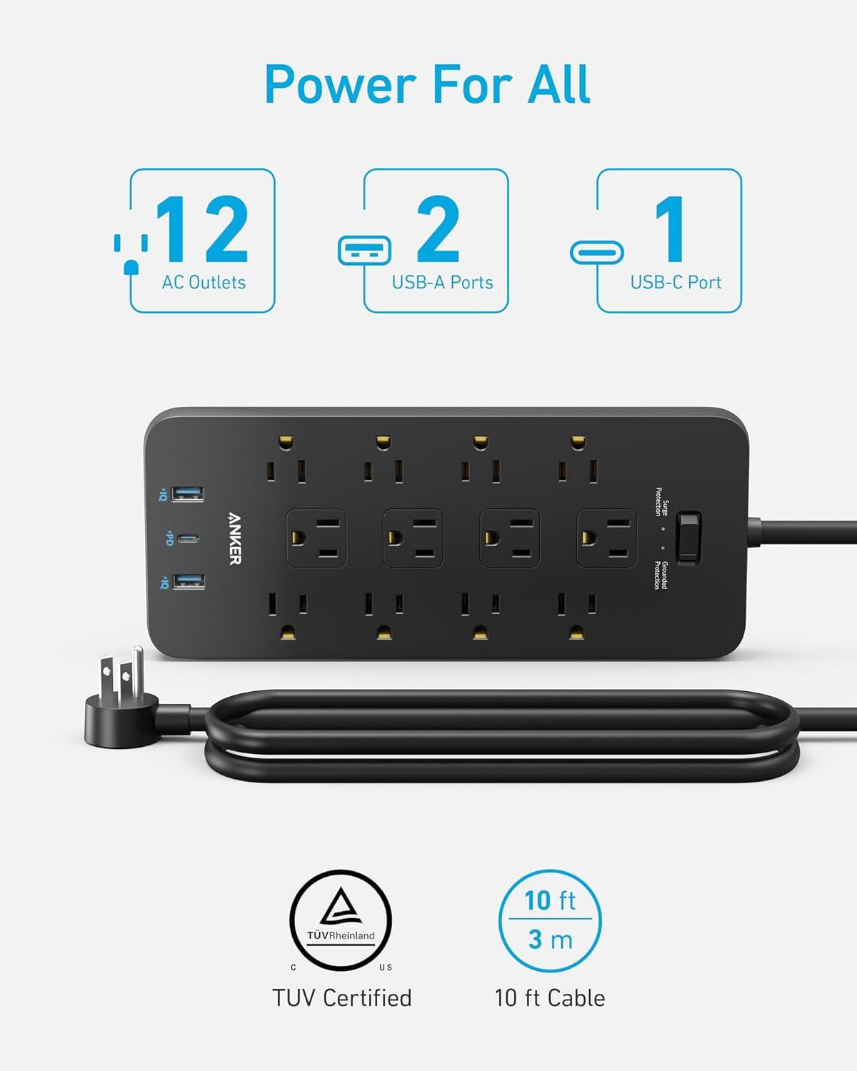 Black 12-Outlet Power Strip with USB Ports and Surge Protection