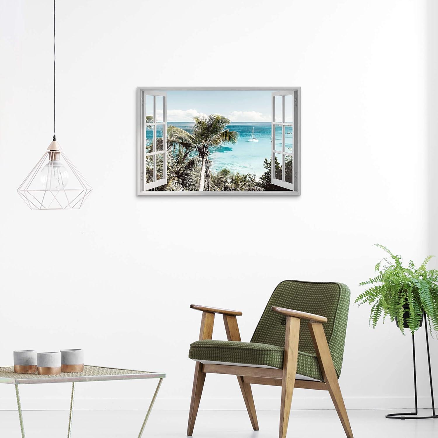 wall26 Canvas Print Wall Art Window View of Tropical Island Beach Paradise Nature Wilderness Photography Modern Art Rustic Scenic Colorful Ultra for Living Room, Bedroom, Office - 24"x36"