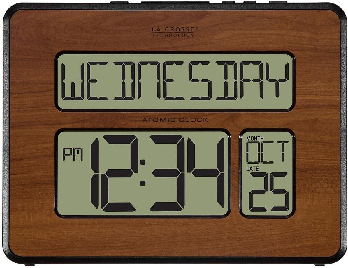 Walnut Atomic Digital Calendar Clock with Extra Large Digits