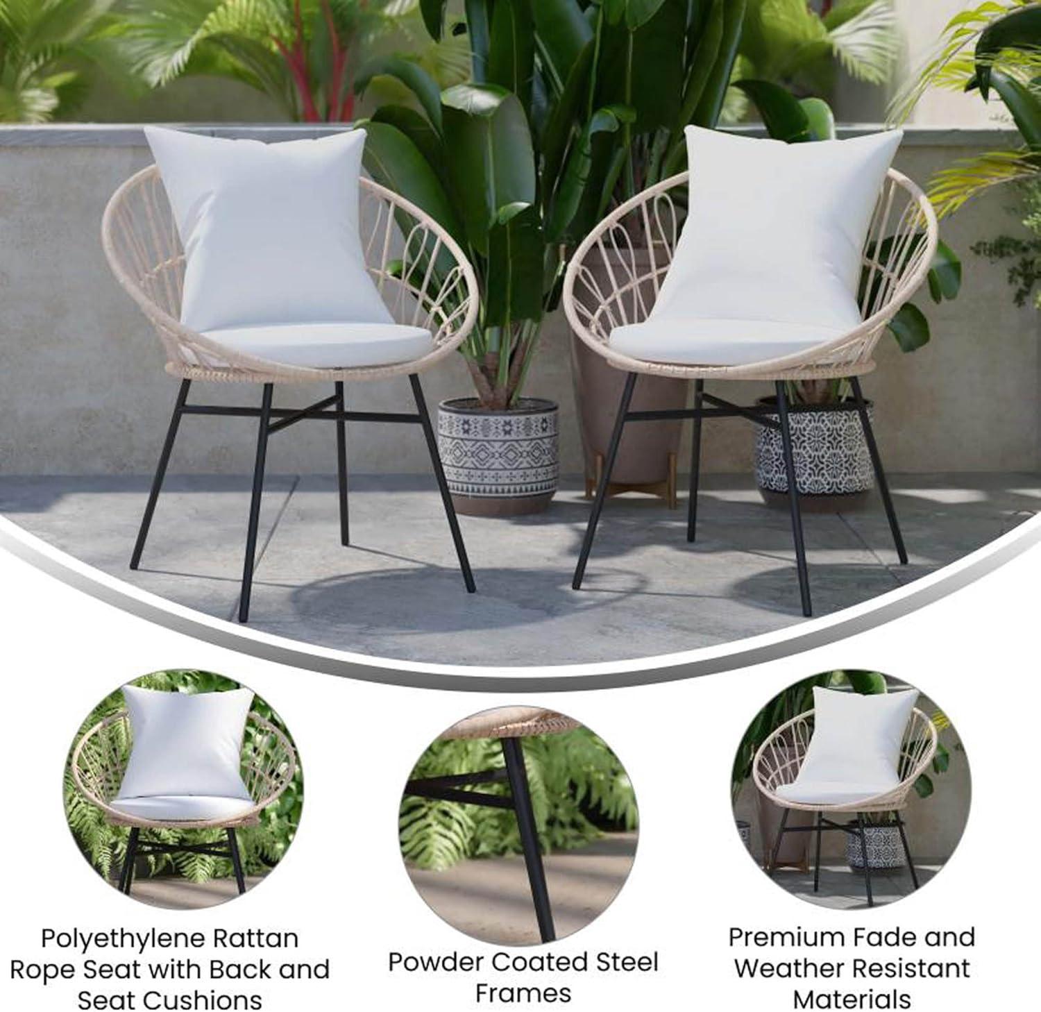 Flash Furniture Devon Set of 2 Indoor/Outdoor Modern Papasan Patio Chairs, Rope with Tan Finish PE Wicker Rattan and Light Gray Cushions