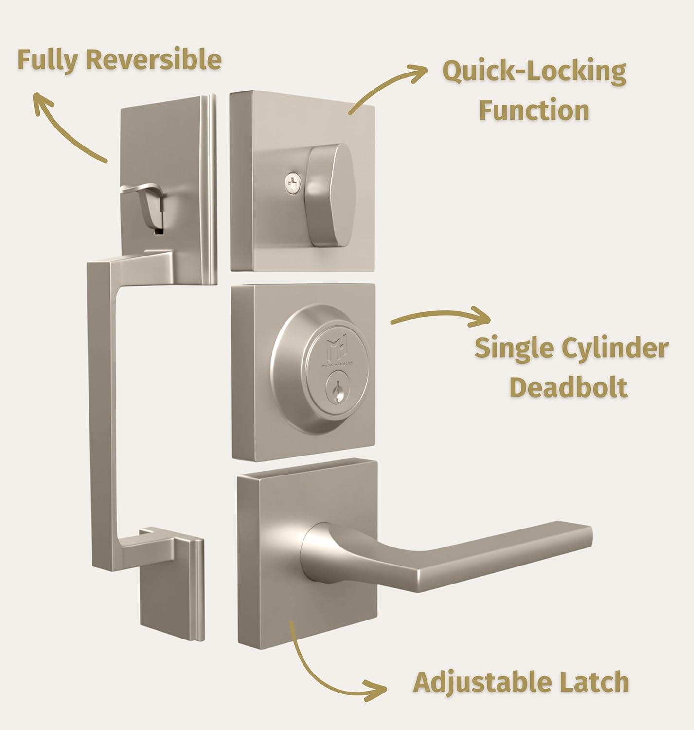 Mega Handles Mega Handles Tobelle Reversible Entry Door Handle Set with Single Cylinder Deadbolt and Lever – Modern Handle for Front, Garage, or Interior Doors