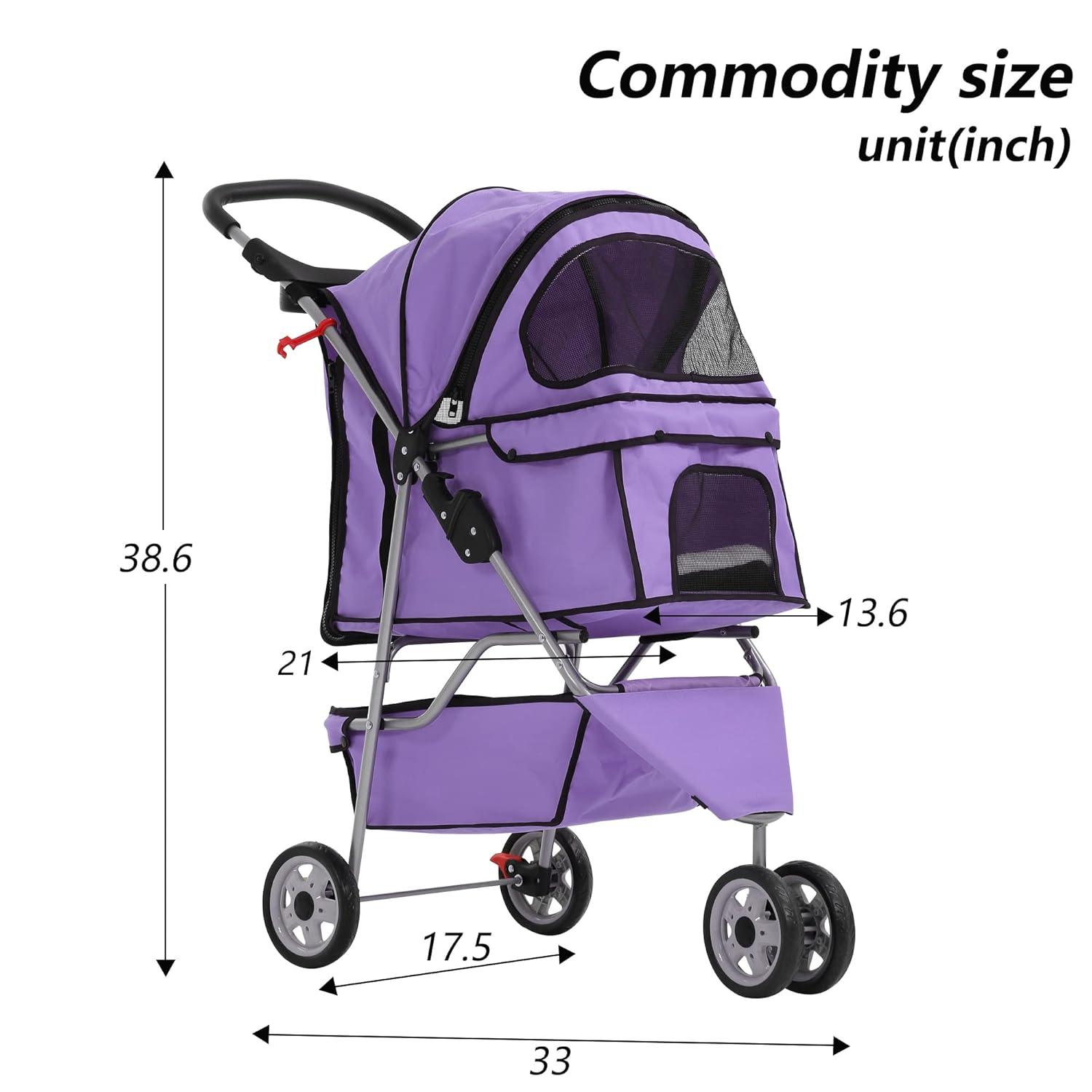 Purple 3-Wheel Travel Folding Pet Stroller with Storage