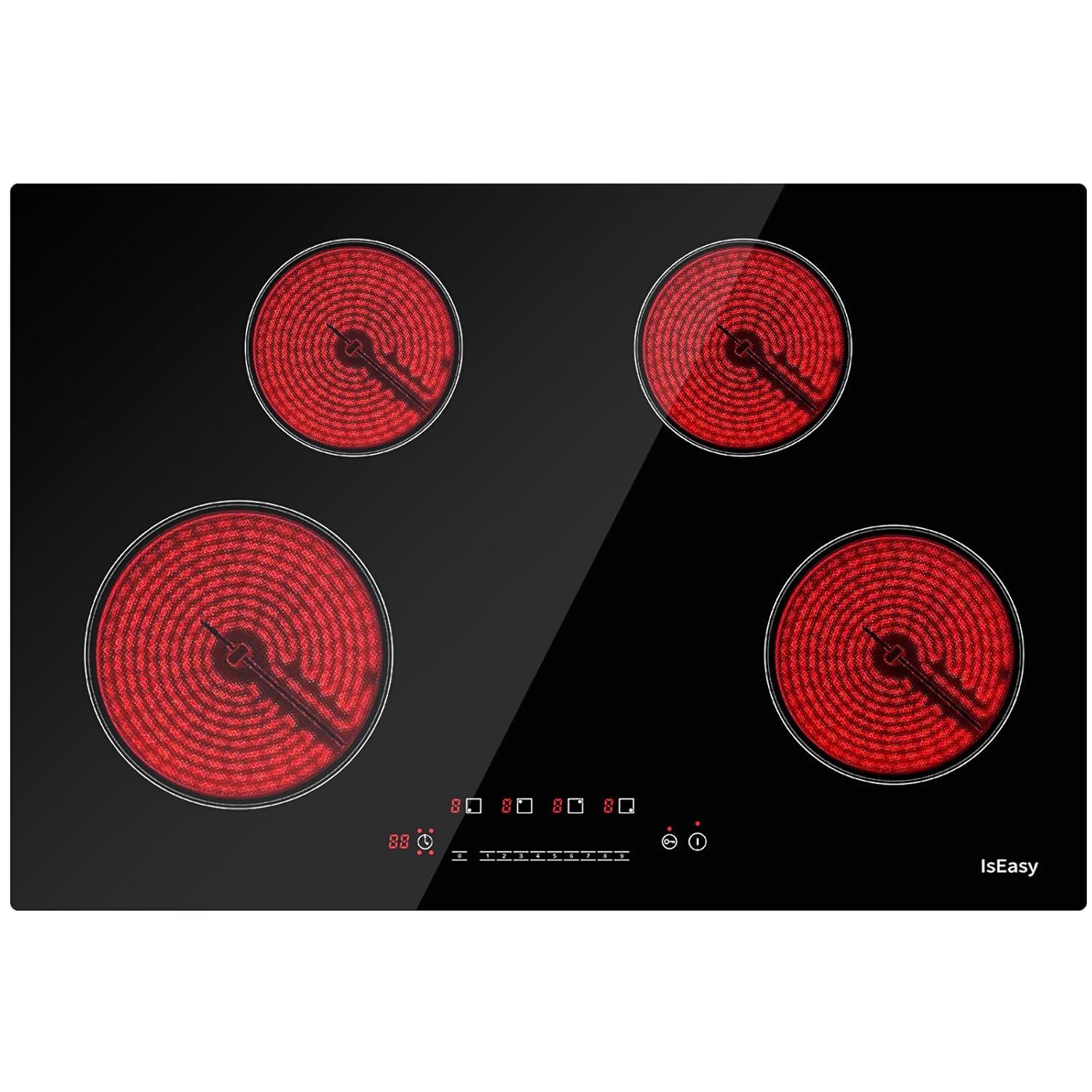 IsEasy 4 Burner Electric Cooktop 30 Inch Built-In Ceramic Cooktop Top, Electric Radiant Cooktop with Pause Function, Electric Stove Top, 220-240V 7200W, 9 Power Levels, Flexible Heating Zones