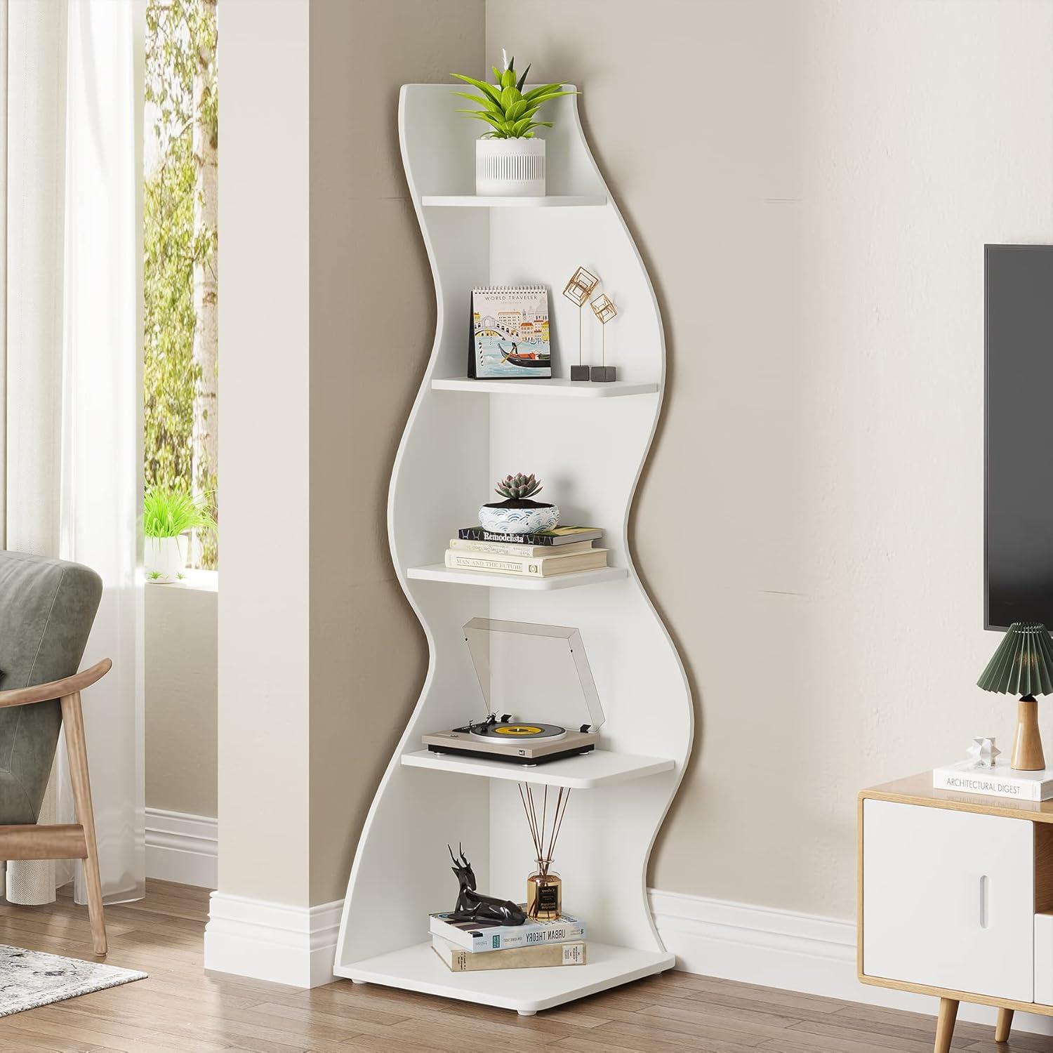 White 5-Tier Modern Corner Bookcase with Adjustable Shelves