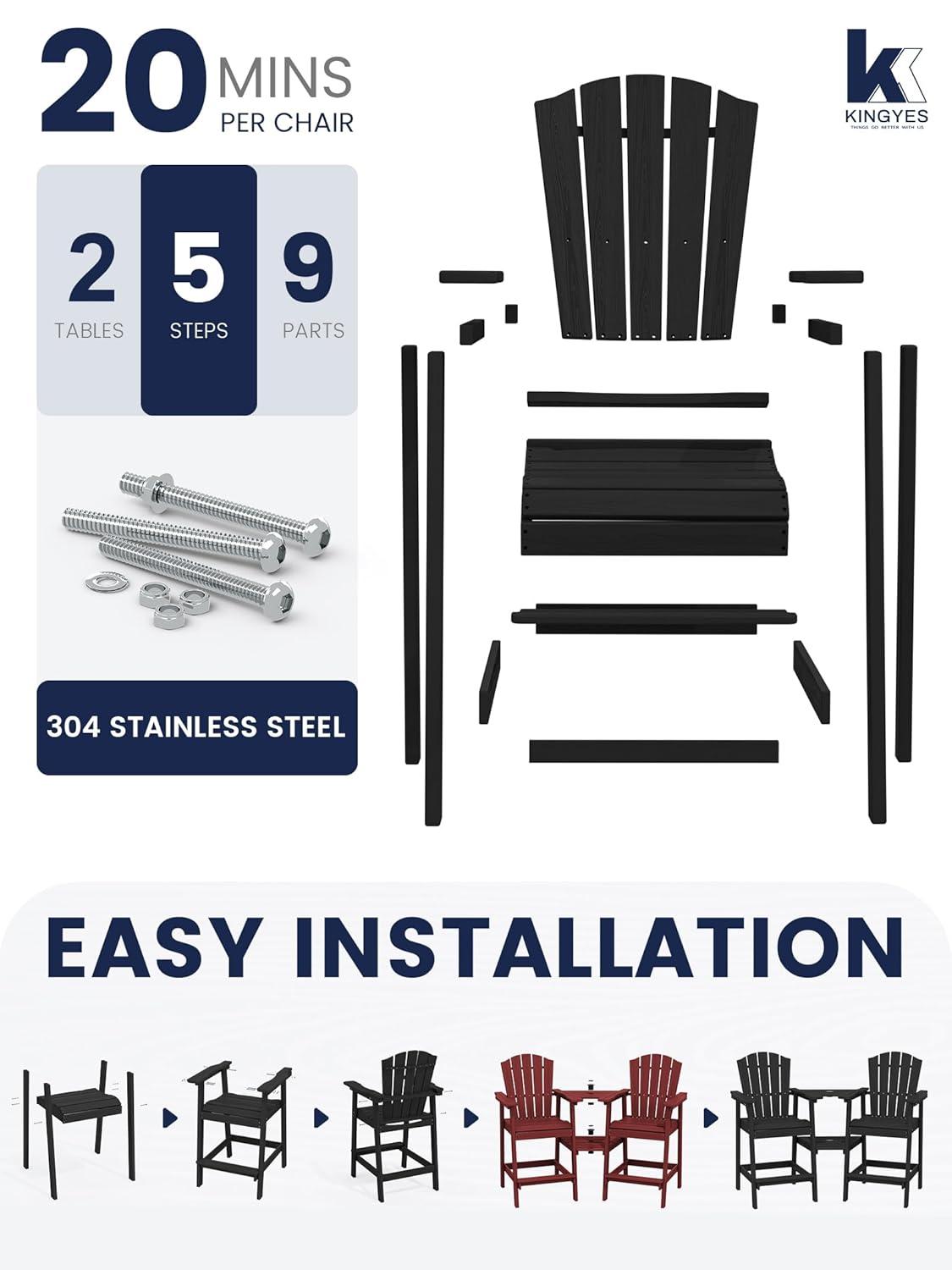 JUSTLET Tall Plastic Adirondack Chair Set of 2 W/ Outdoor Barstools and Connecting Tray, Brown