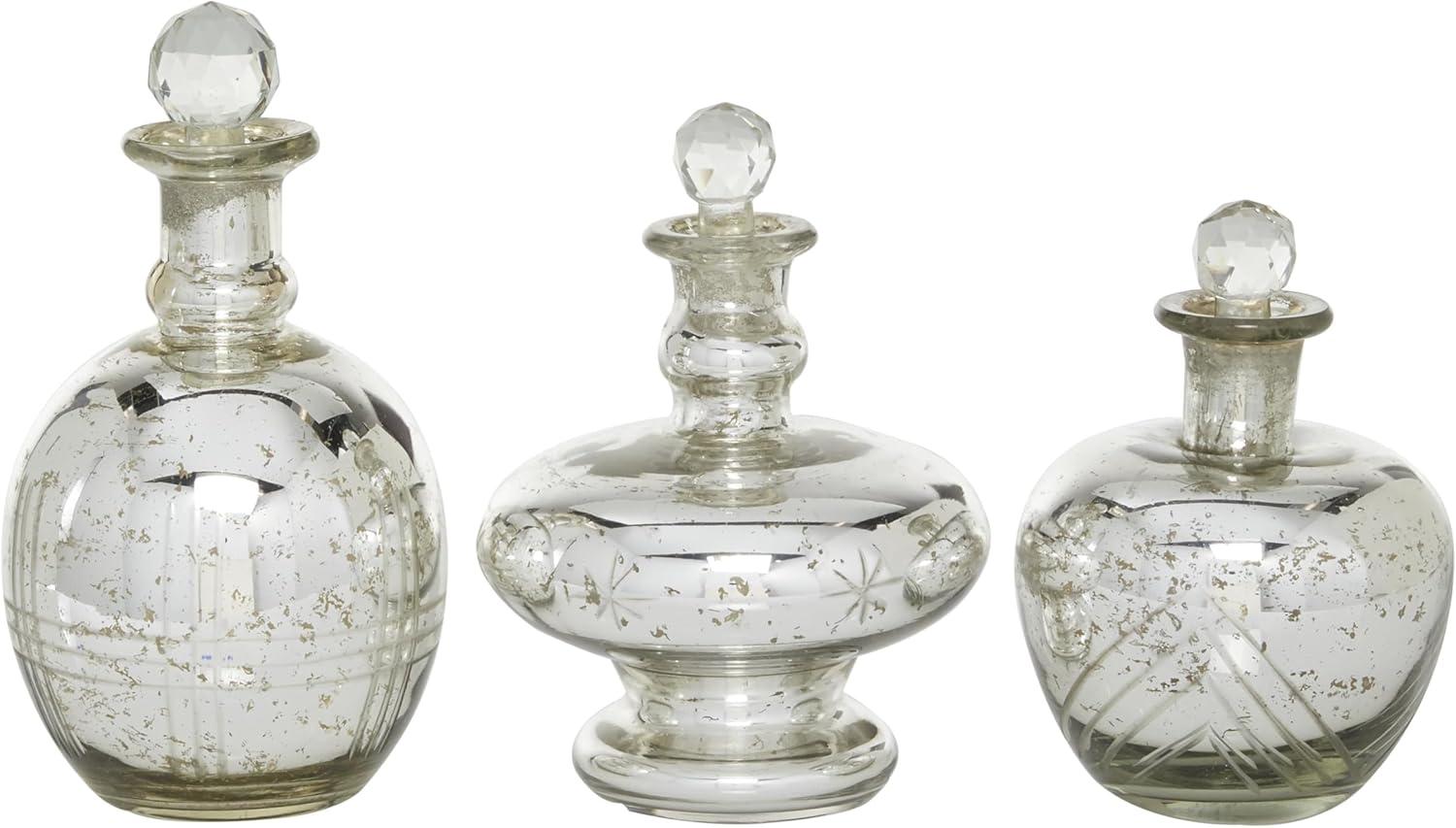 DecMode 8", 9", 7"H Silver Glass Decorative Jars with Crystal Stoppers, 3-Pieces