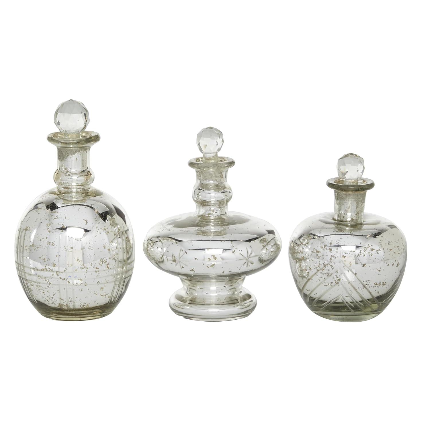 DecMode 8", 9", 7"H Silver Glass Decorative Jars with Crystal Stoppers, 3-Pieces