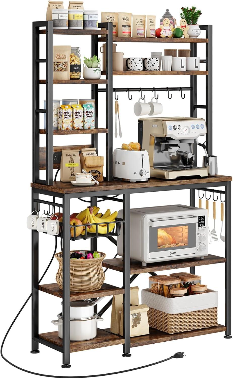 Rustic Brown and Black Adjustable Kitchen Baker's Rack with Power Outlet