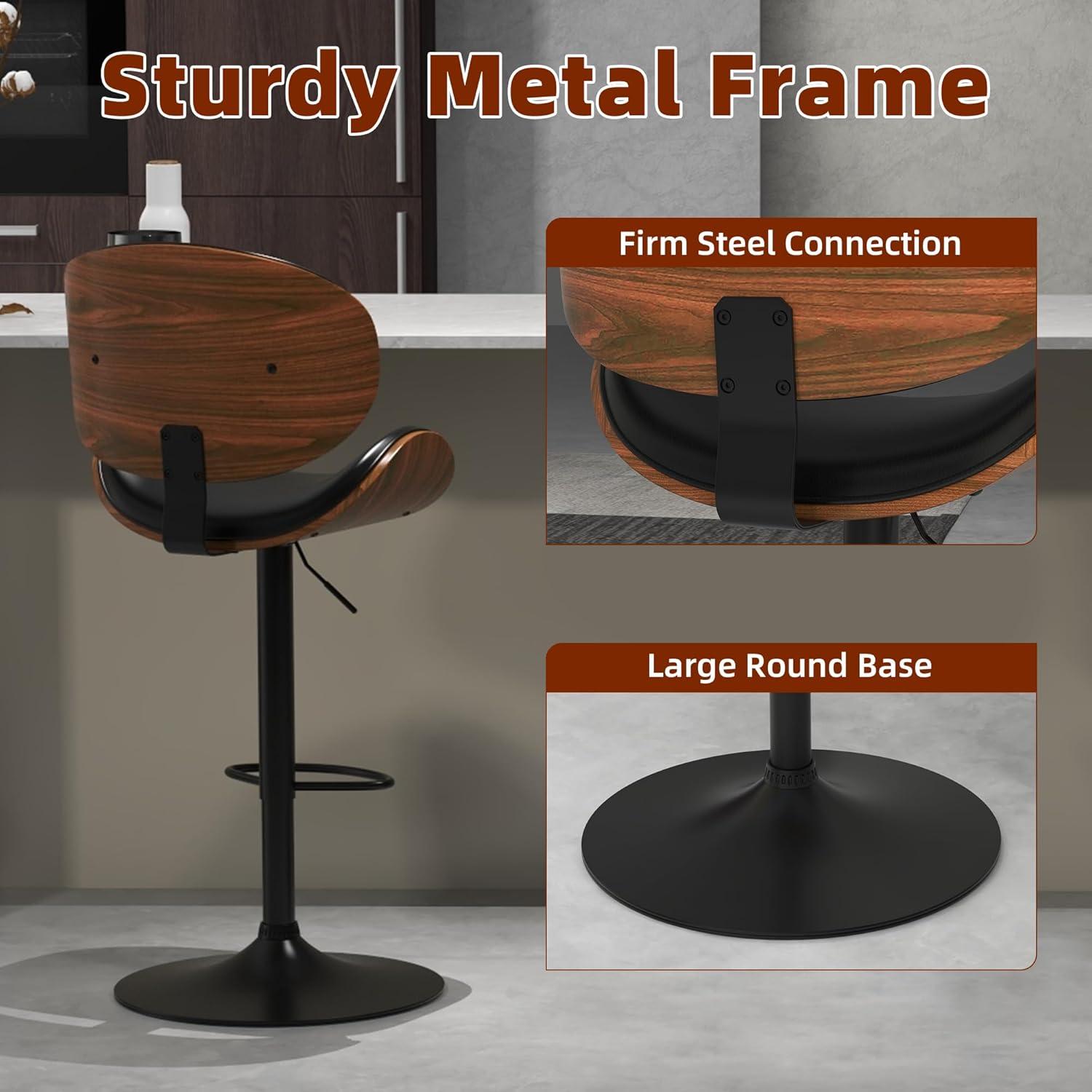 civama Bar Stools Set of 2 for Kitchen Counter, Adjustable Bar Height Chairs, Modern Swivel Barstools with Bentwood Seat and Back with Footrest, for Kitchen Island, Dining Room, Black PU Leather