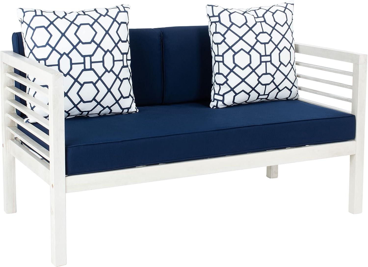 Alda 4 Piece Patio Outdoor Conversation Set With Accent Pillows - White/Navy/White - Safavieh