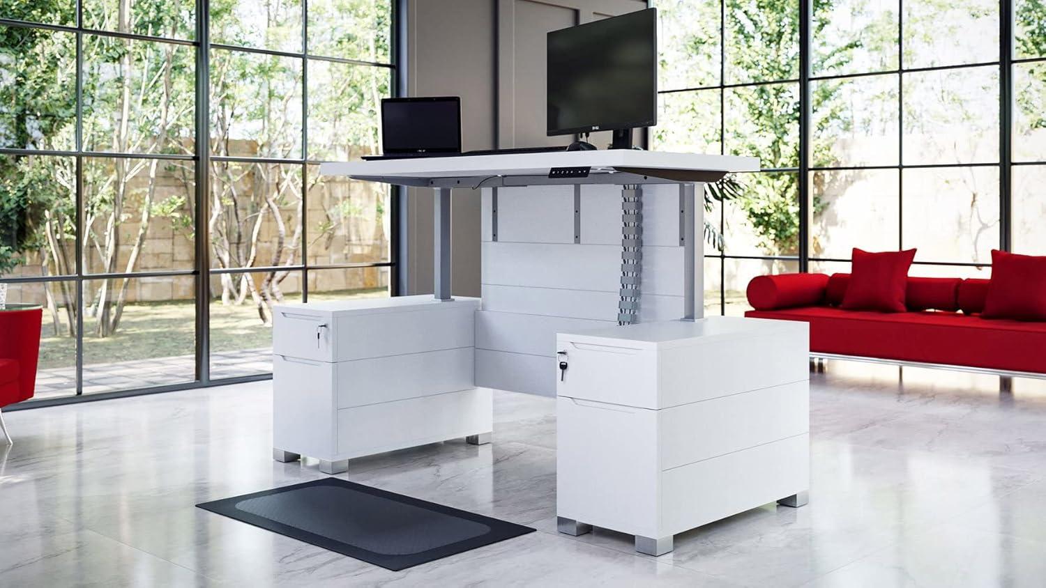 White Adjustable Height Desk with Filing Cabinets and Drawers