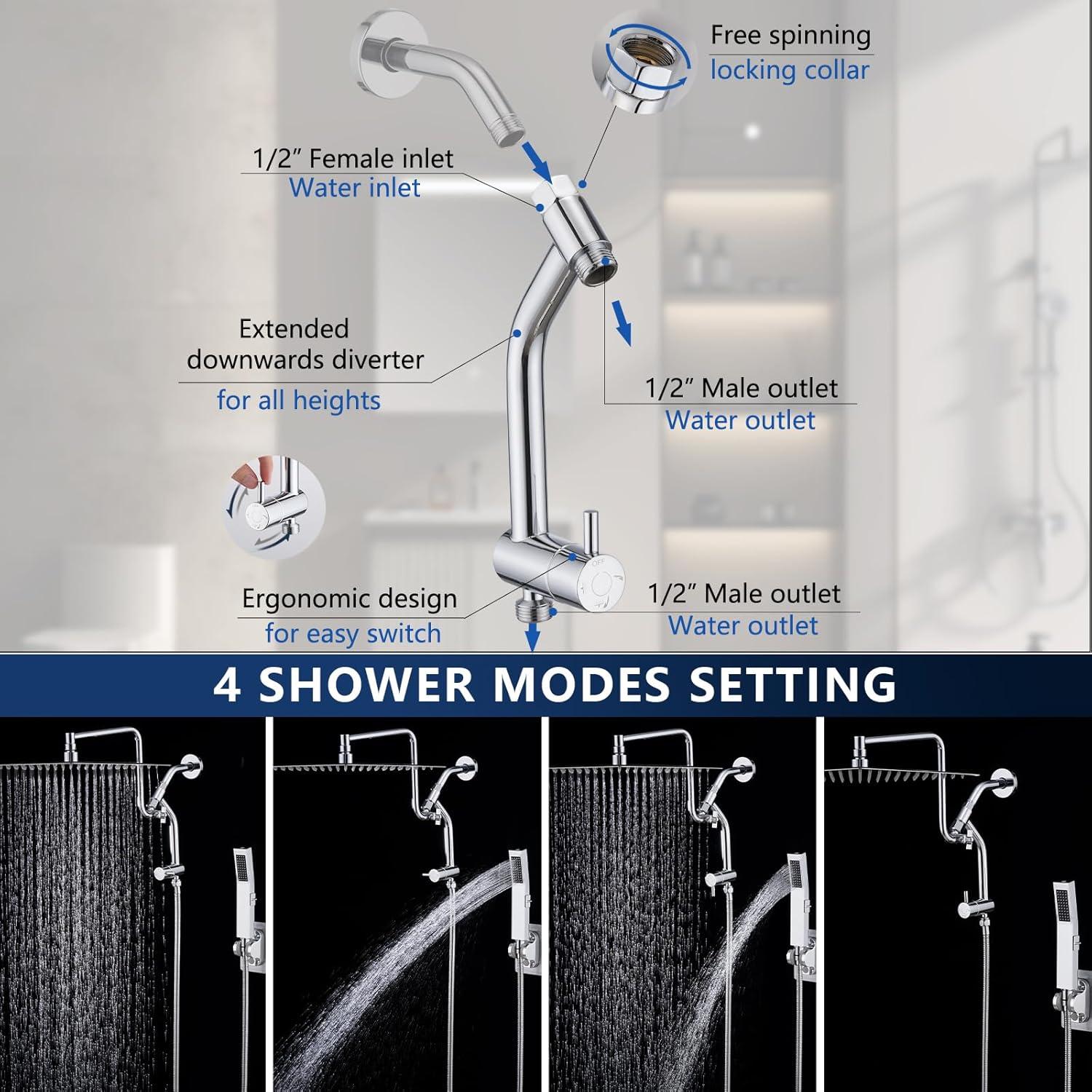 PDPBath All Metal 12'' Rainfall Shower Head with Handheld Combo, Upgrade 3-Way Diverter with Pause Setting, High Pressure Rain Shower Head with Z-shaped Extension Arm, 59" Hose, Brushed Nickel