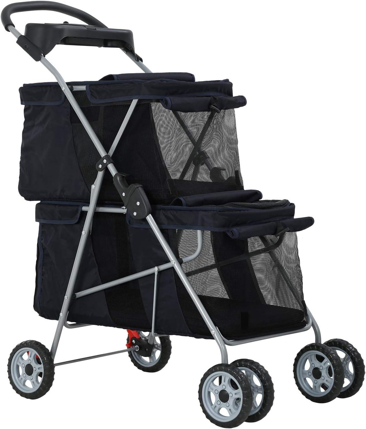 Black Double-Layer Lightweight Pet Stroller with Mesh Panels