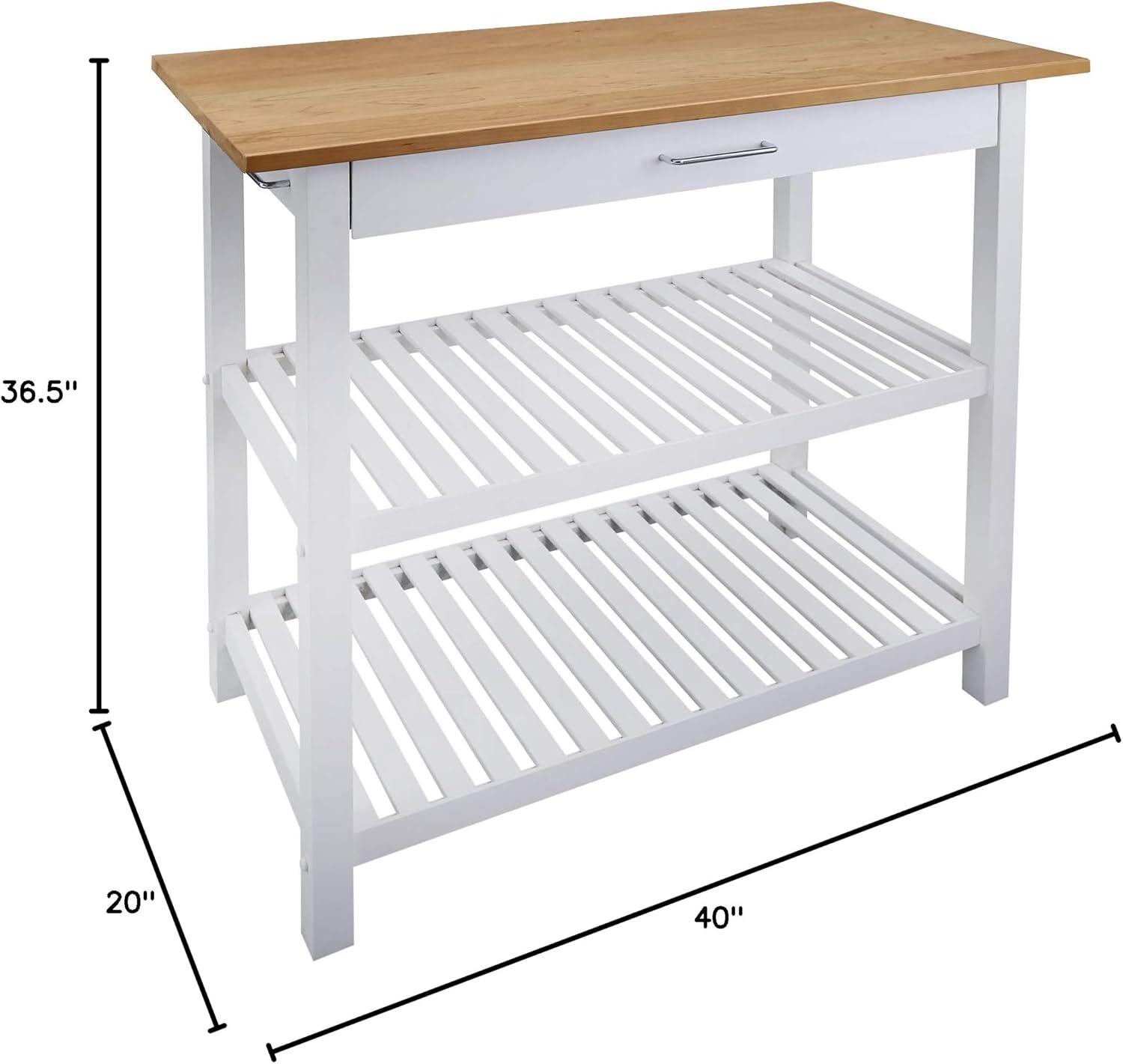 White and Natural Cherry Wood Kitchen Island with Shelves